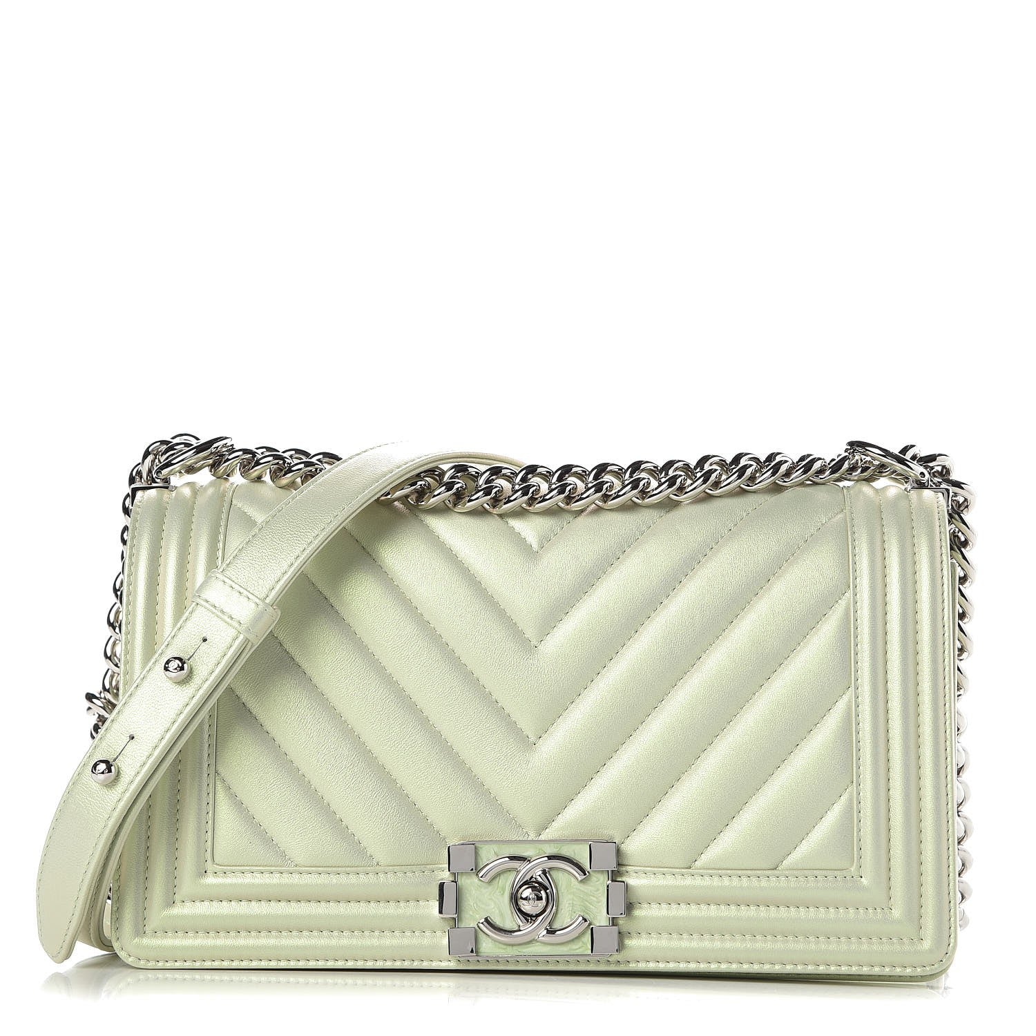 Chanel Metallic Lambskin Chevron Quilted Medium Boy Flap Light Green 1 of 11
