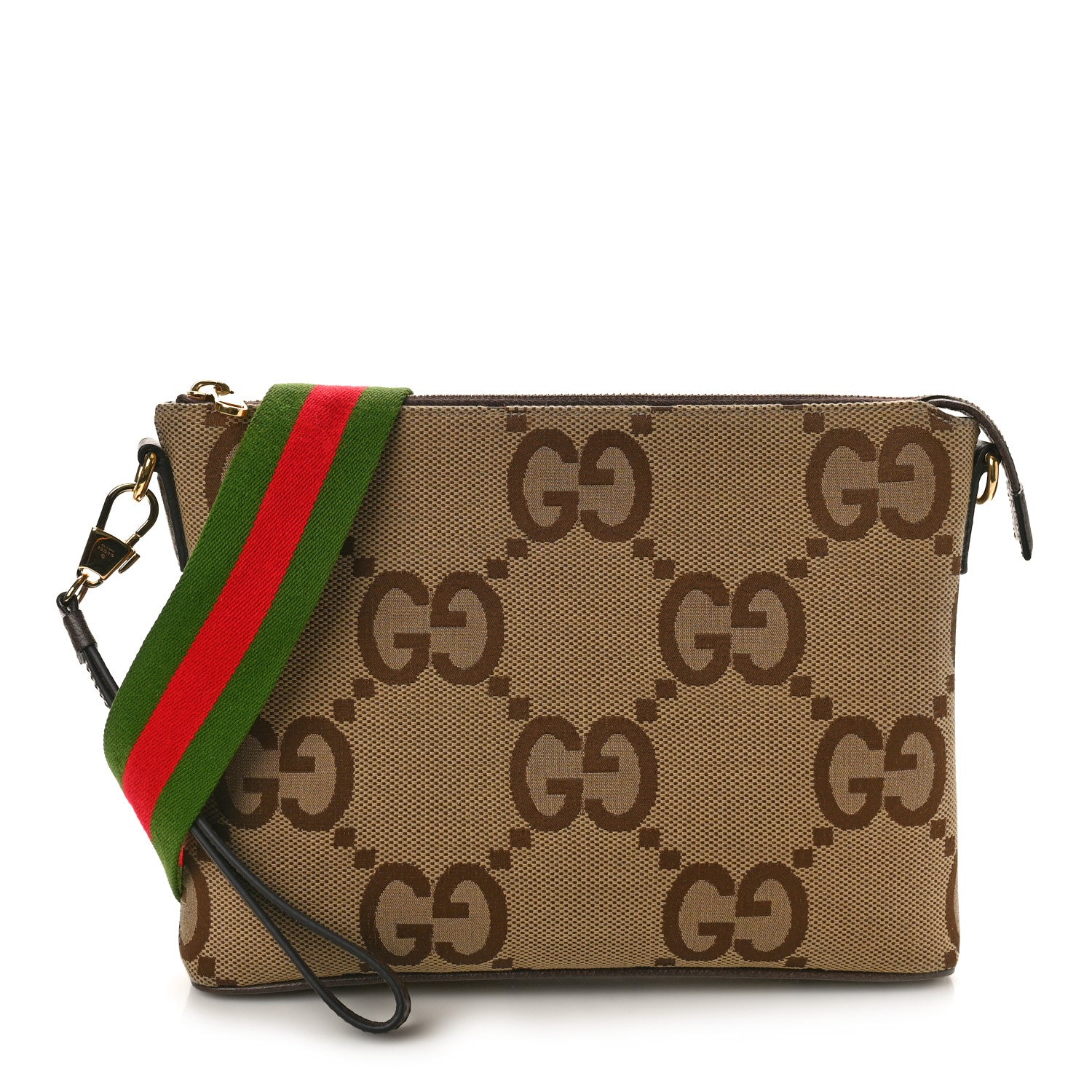 Gucci Monogram Jumbo GG Textured Dollar Calfskin Web Wristlet Messenger Bag Camel Ebony New Acero 1 of 11