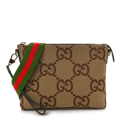Gucci Monogram Jumbo GG Textured Dollar Calfskin Web Wristlet Messenger Bag Camel Ebony New Acero 1 of 11
