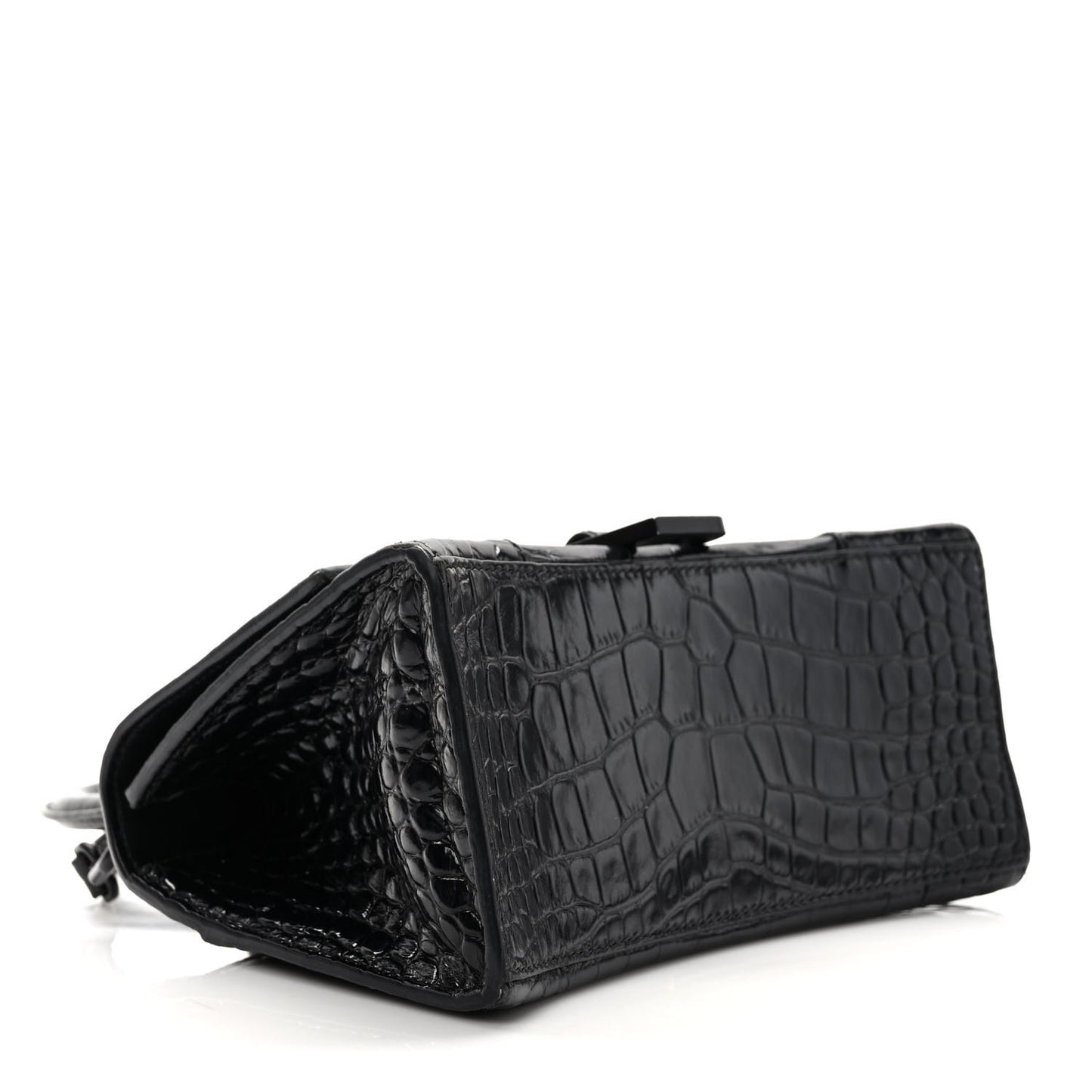 Shiny Calfskin Monochrome Crocodile Embossed Small Hourglass Top Handle Bag Black