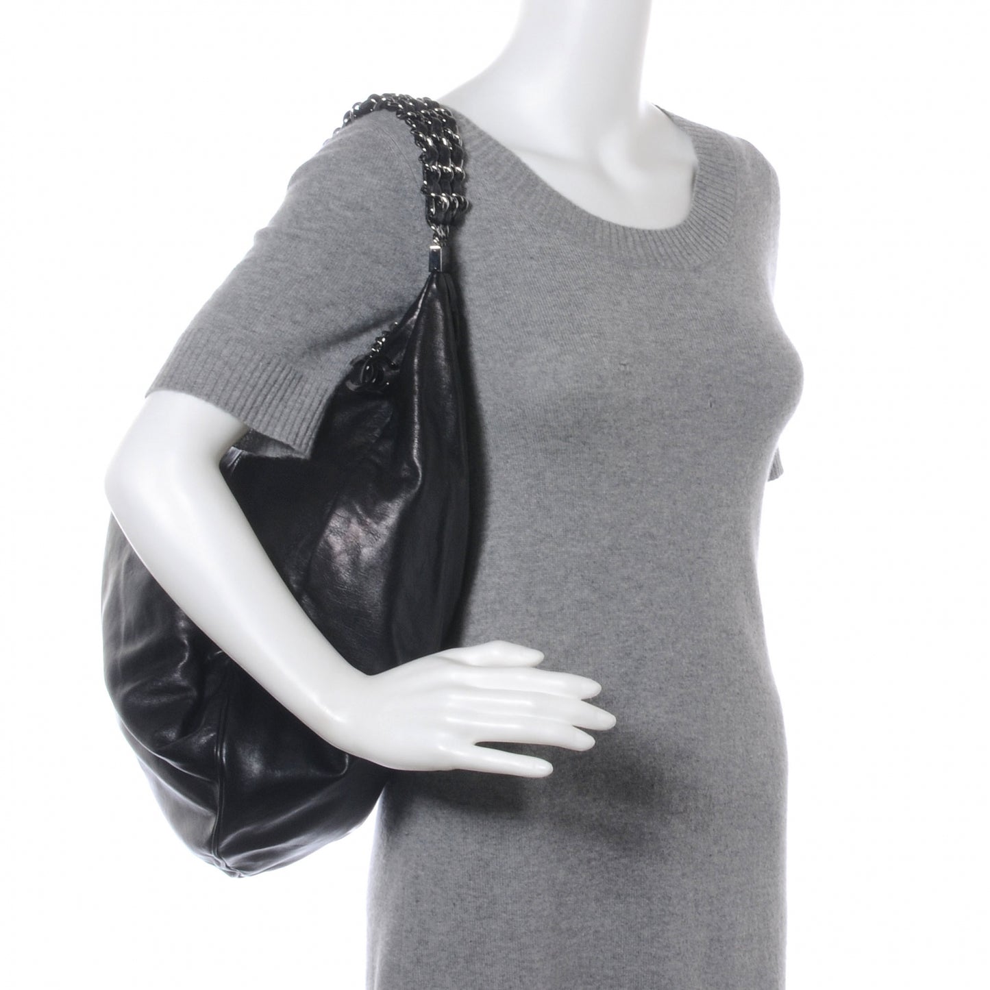 Lambskin Large Rock and Chain Hobo Black