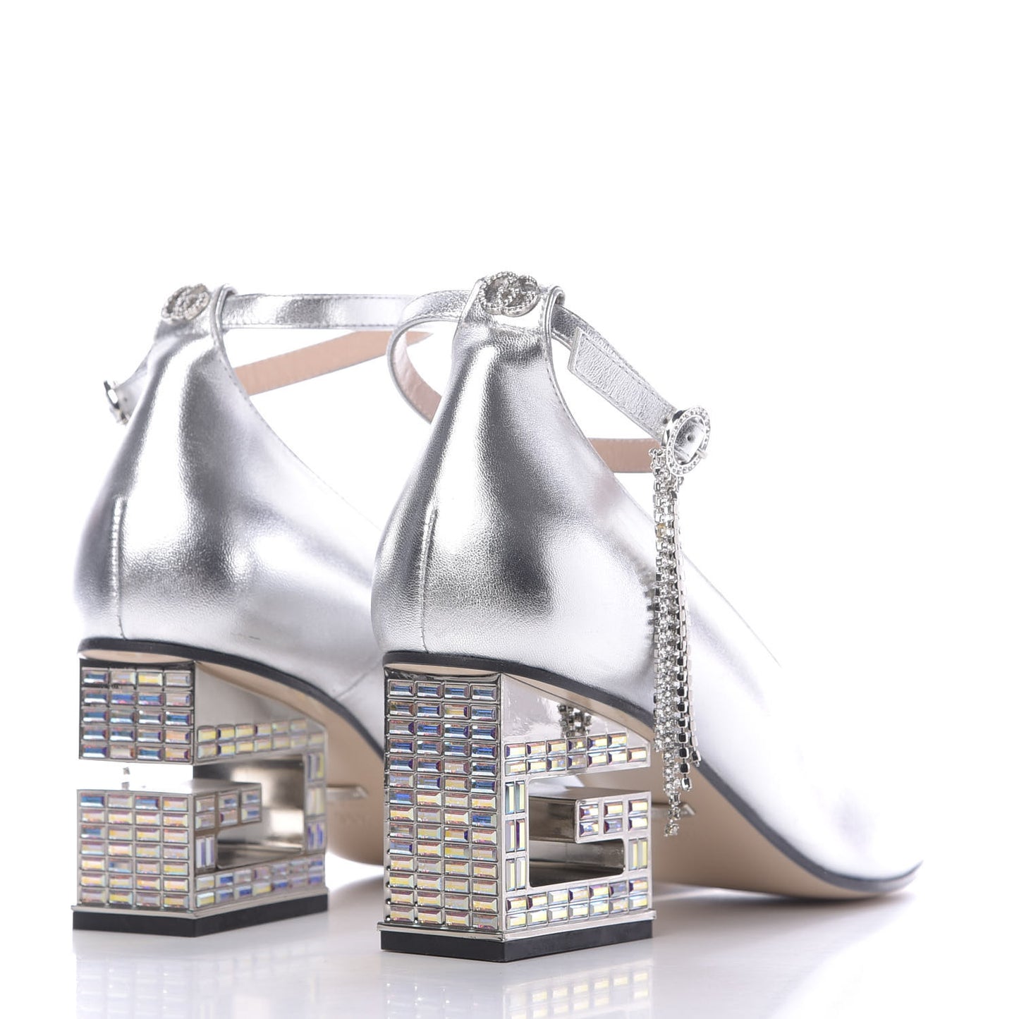Metallic Nappa Crystal Square G Mid Heel Pumps 38.5 Silver