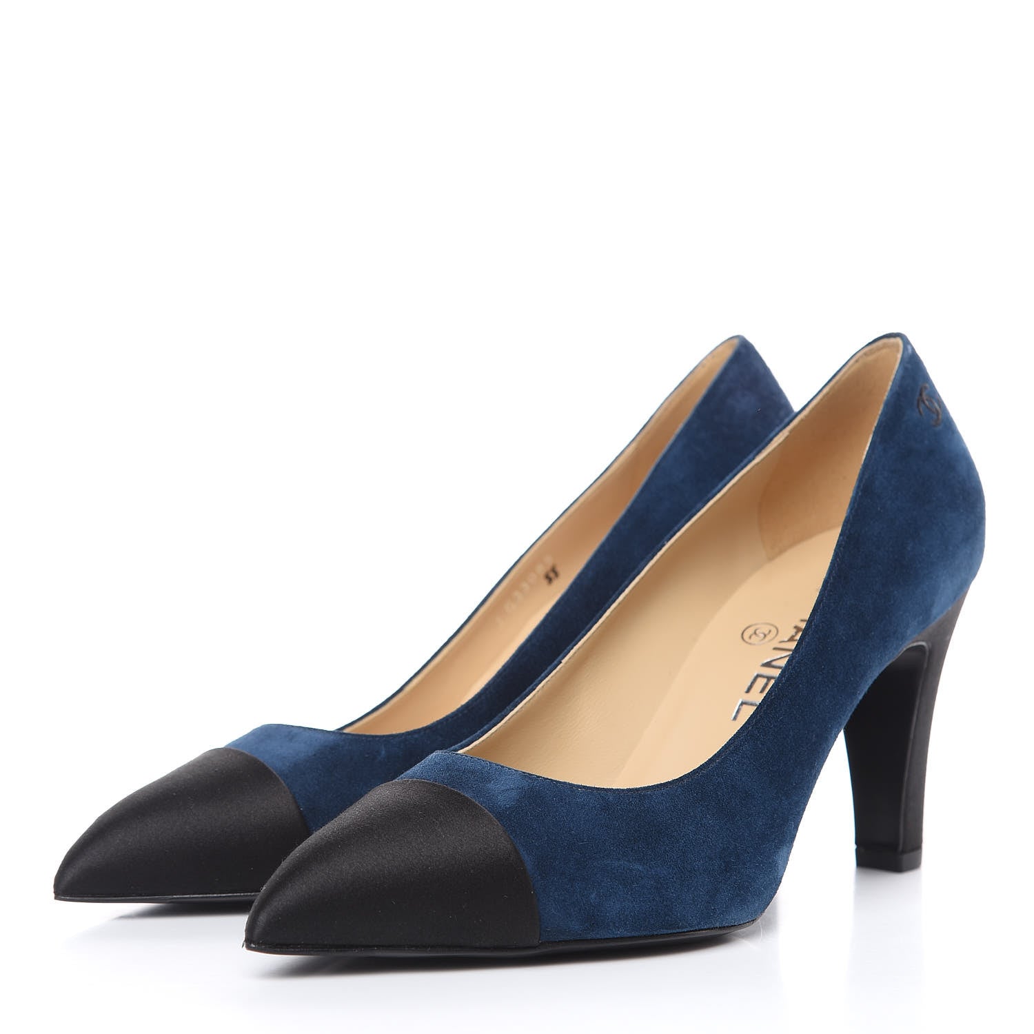 Chanel Suede Satin Cap Toe Gabrielle Pumps 37 Navy Black 3 of 10