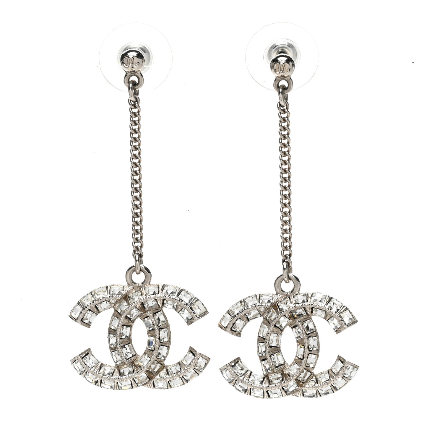 Baguette Crystal CC Drop Earrings Silver