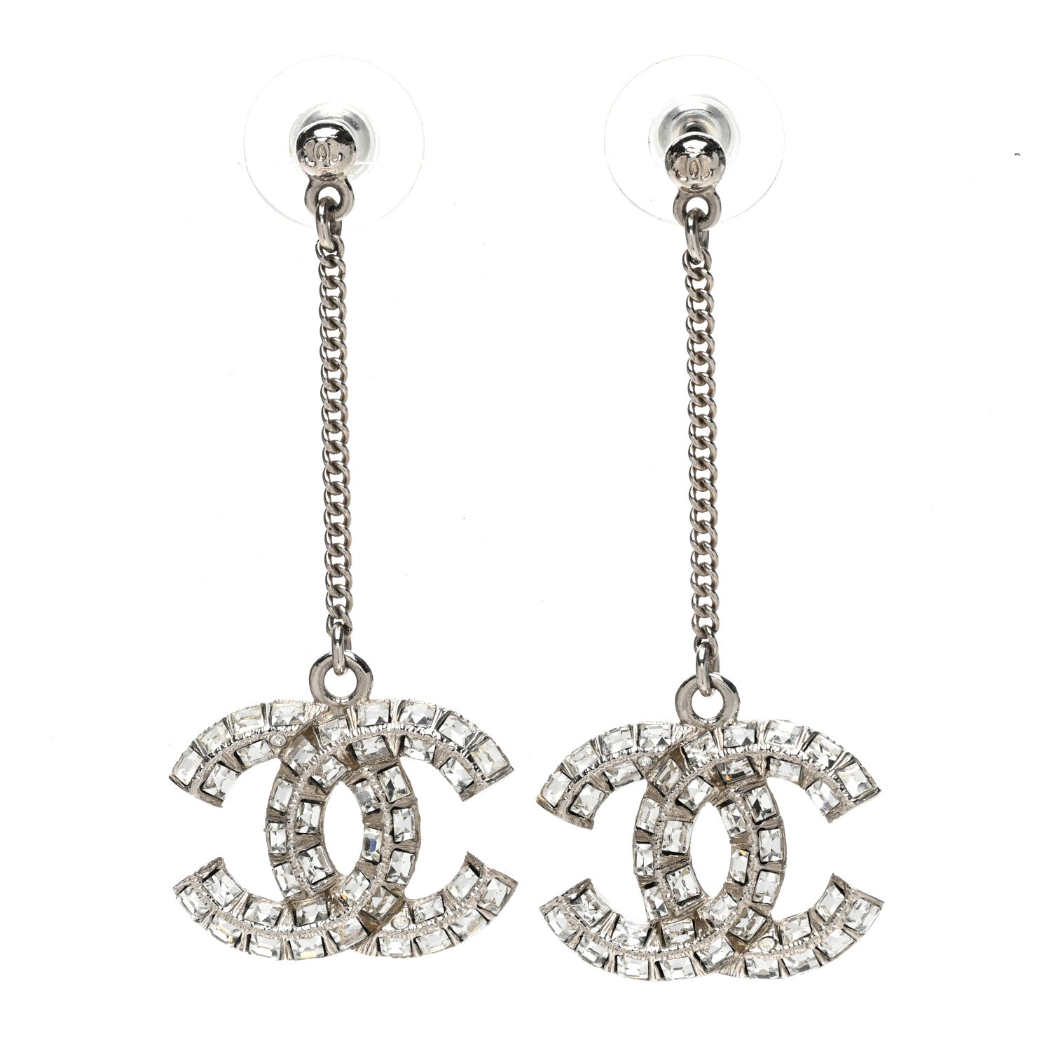 Chanel Baguette Crystal CC Drop Earrings Silver 1 of 4