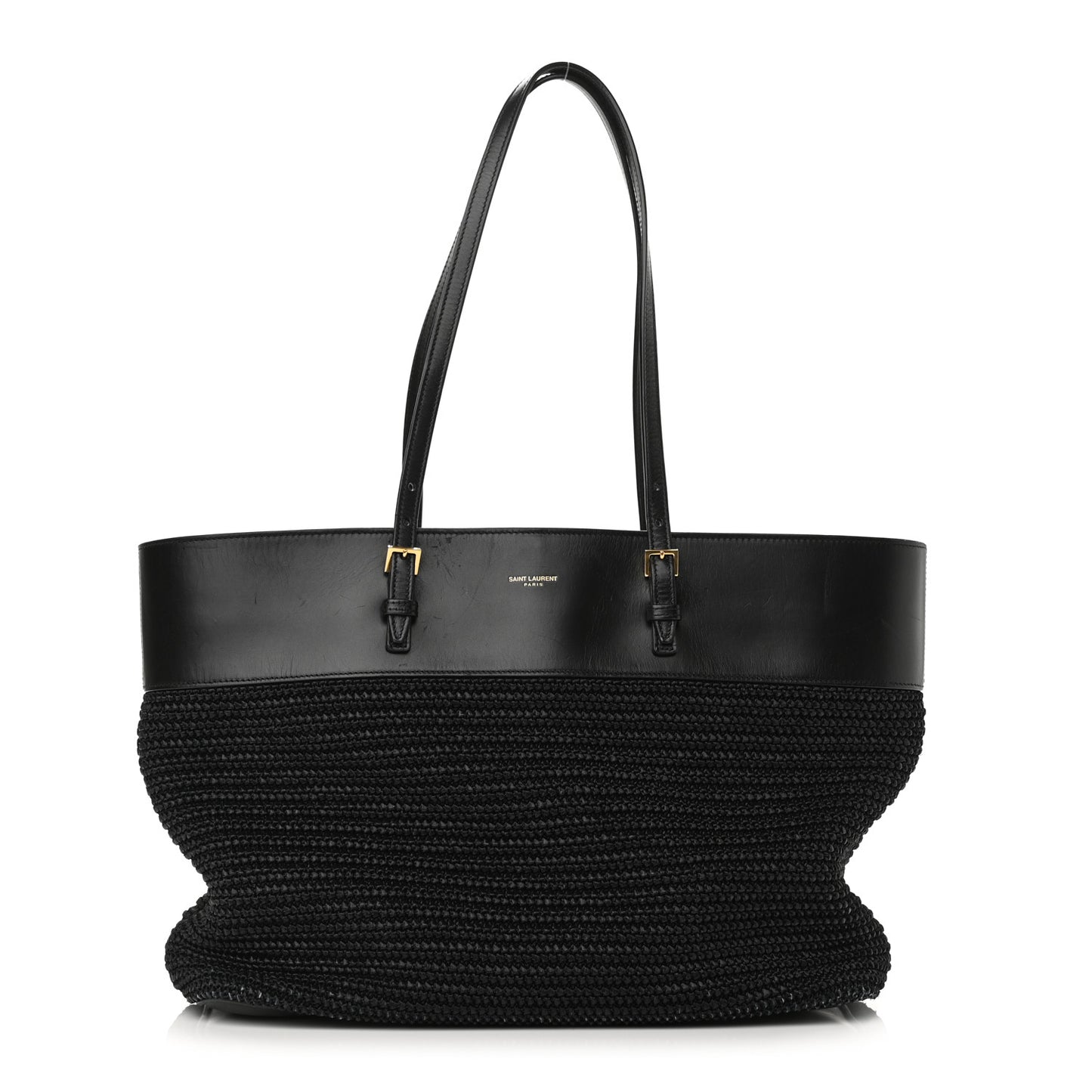 Calfskin Raffia Medium Shopper Tote Black