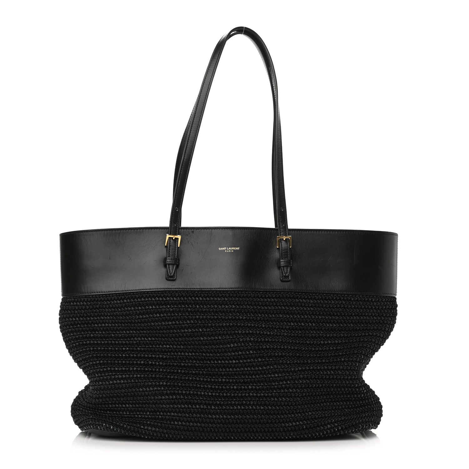 Saint Laurent Calfskin Raffia Medium Shopper Tote Black 1 of 10