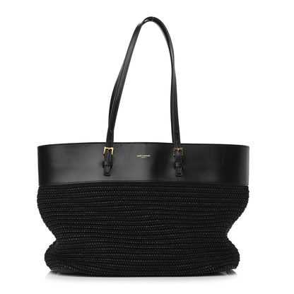 Saint Laurent Calfskin Raffia Medium Shopper Tote Black 1 of 10