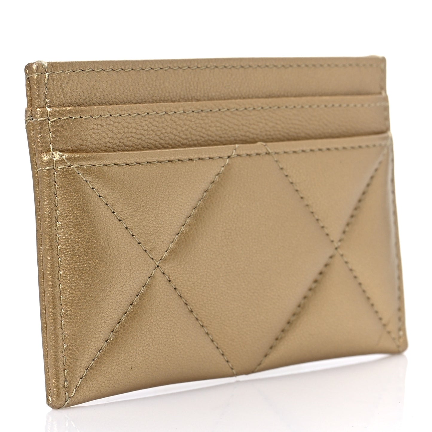 Metallic Lambskin Quilted Chanel 19 Card Holder Gold