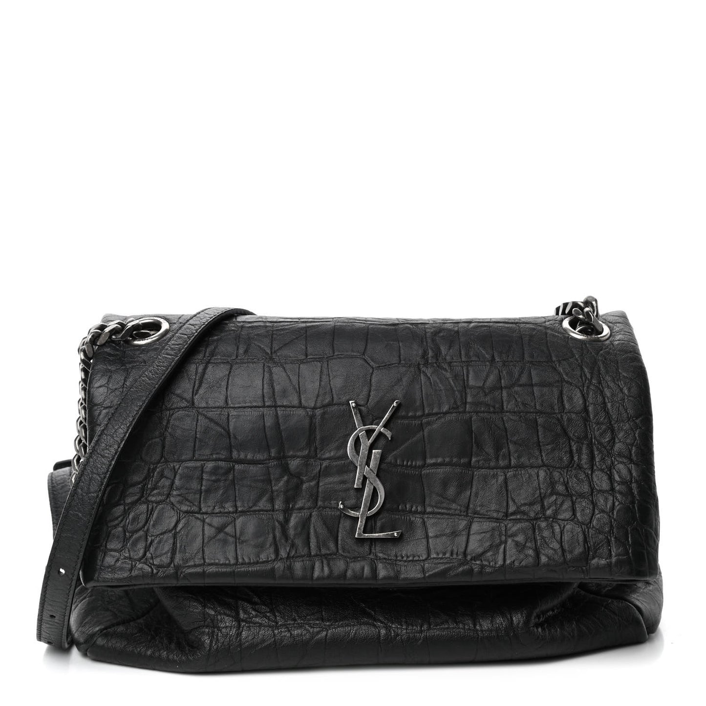 Calfskin Crocodile Embossed Medium West Hollywood Monogram Fold-Over Black