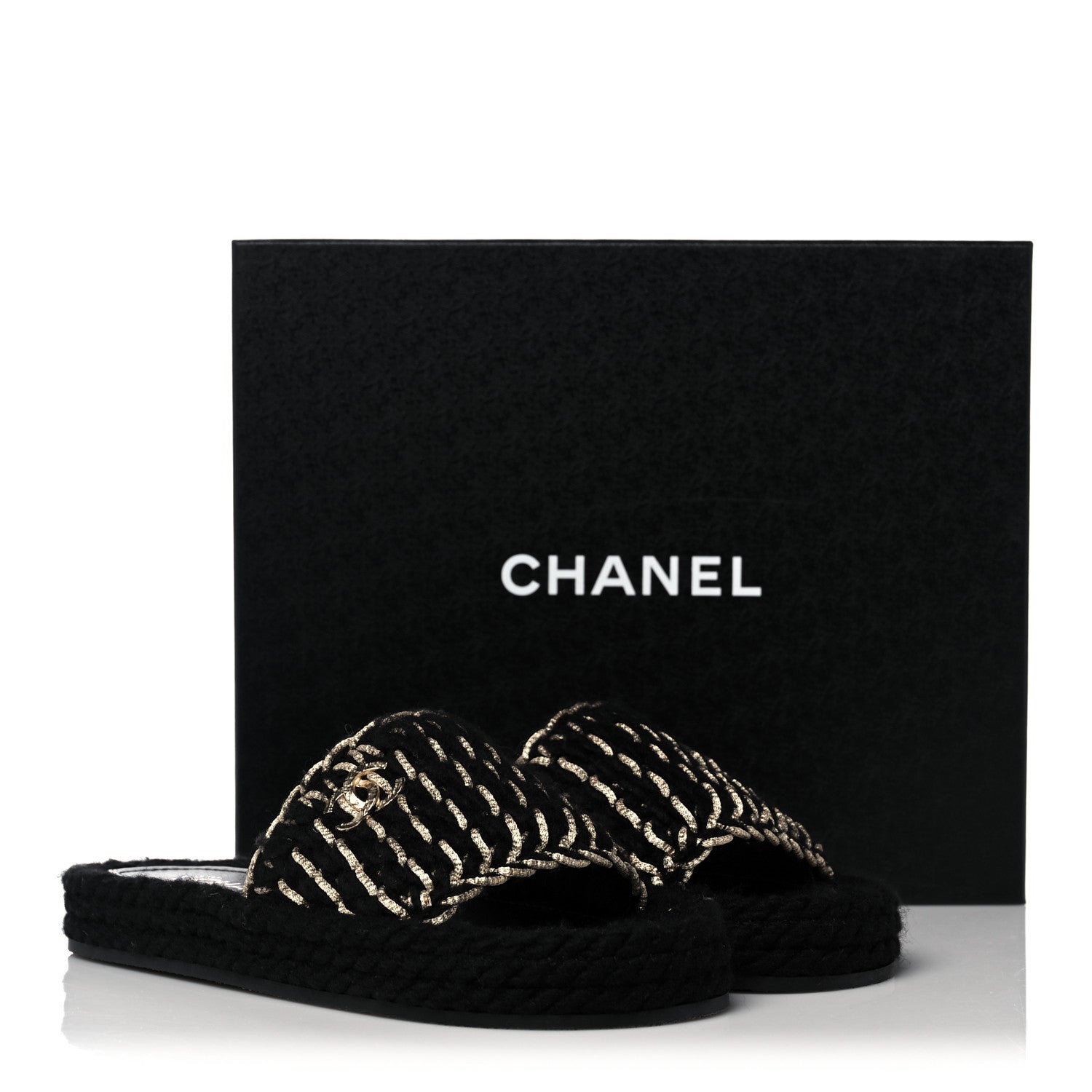 Chanel Braided Knit CC Mules 38 Black Gold 9 of 9
