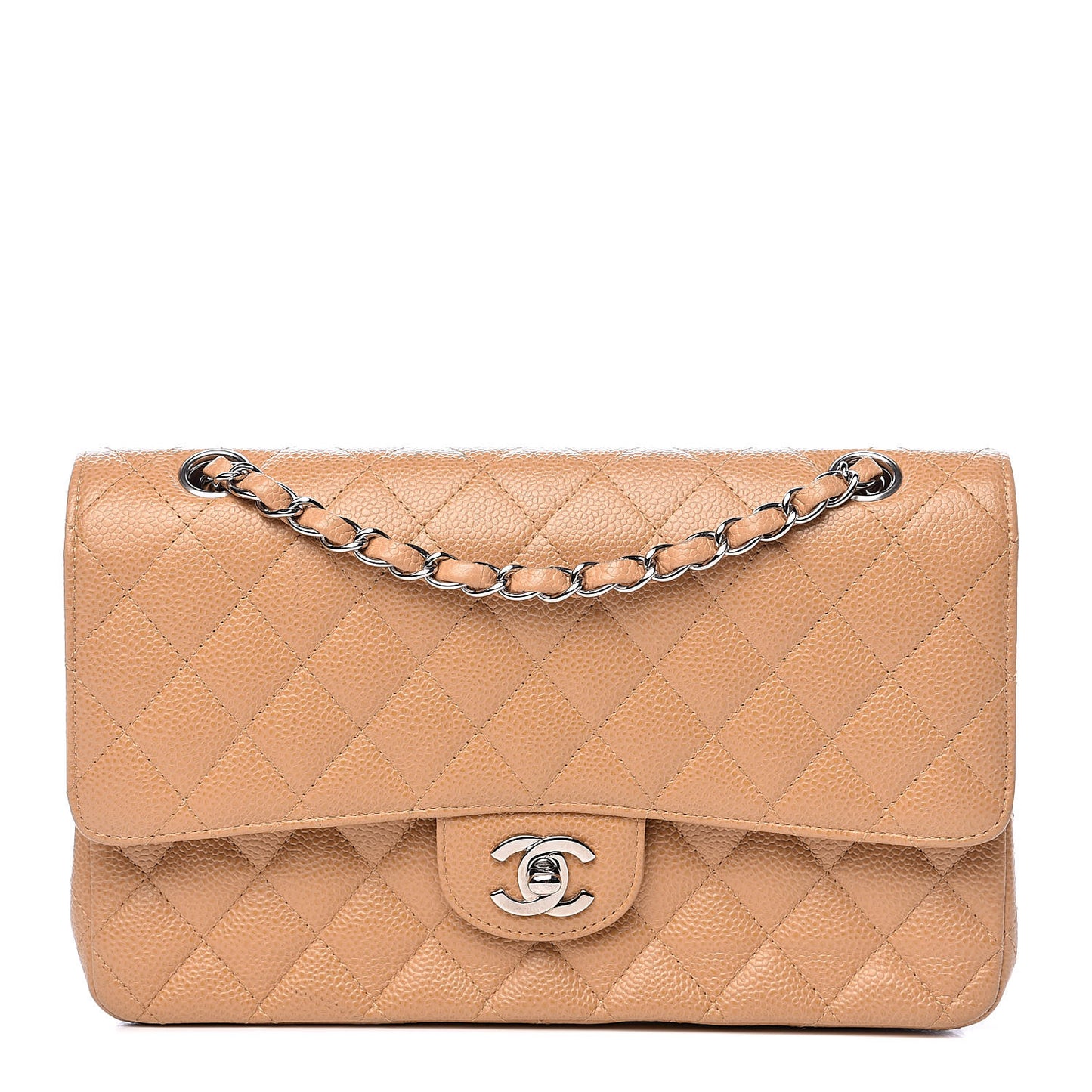 Caviar Quilted Medium Double Flap Beige