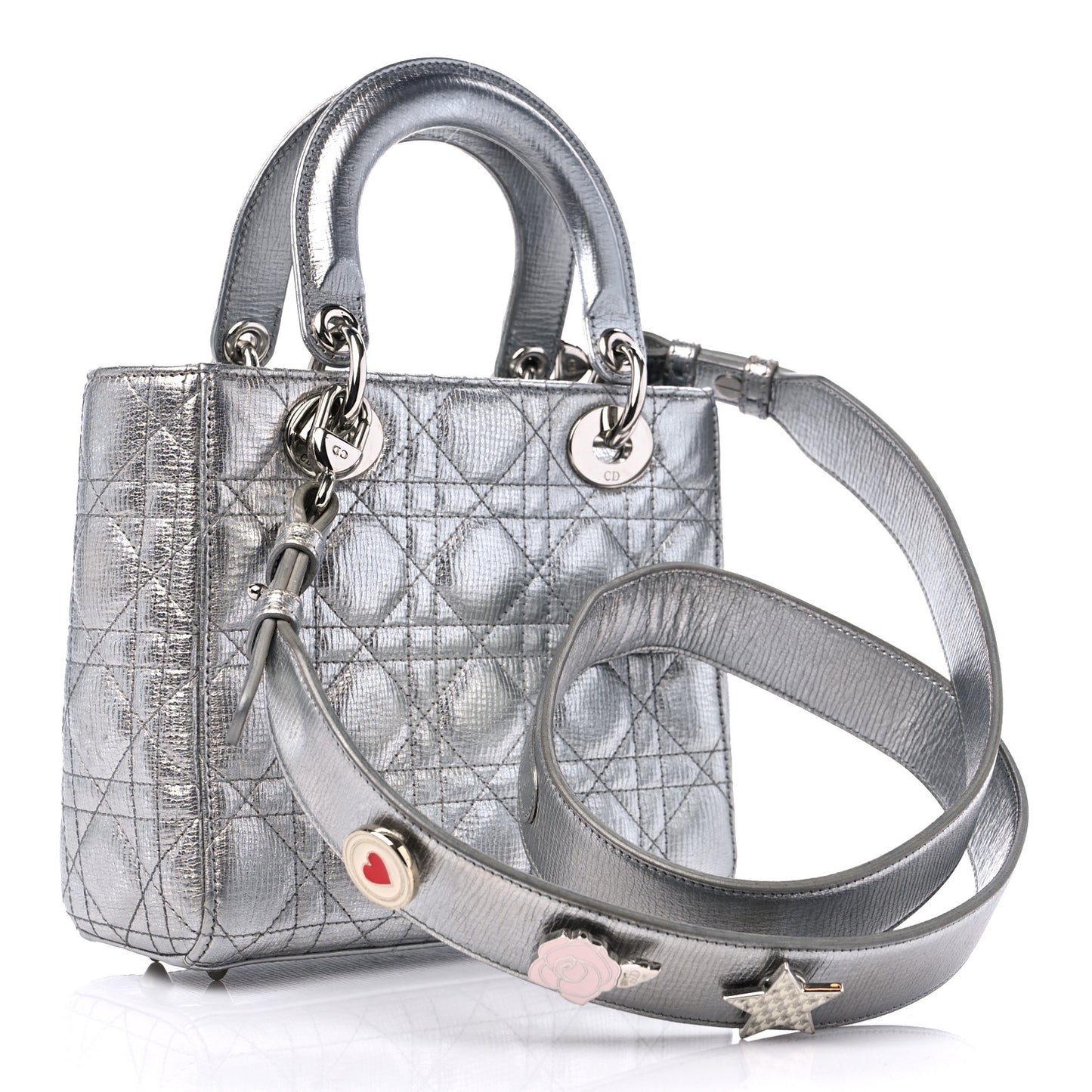 Metallic Grained Calfskin Cannage Small Lucky Badges My Lady Dior Silver