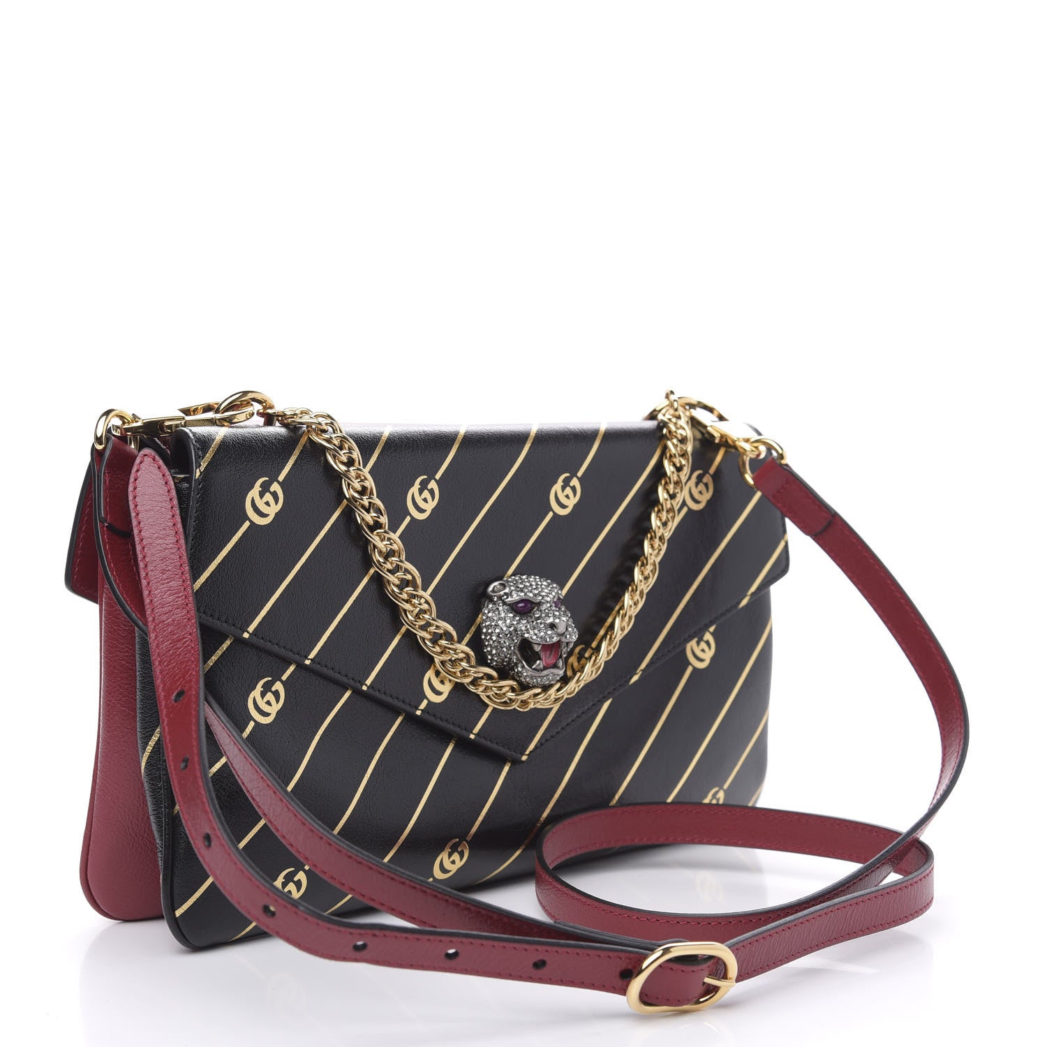 Gucci Calfskin Diagonal GG Medium Thiara Double Envelope Shoulder Bag Black Red 4 of 12