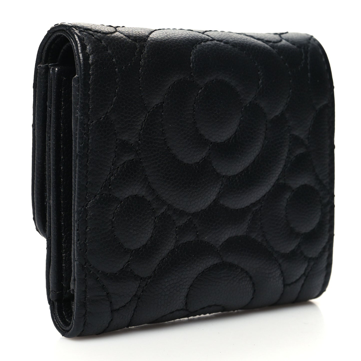 Caviar Camellia Embossed Compact Wallet Black