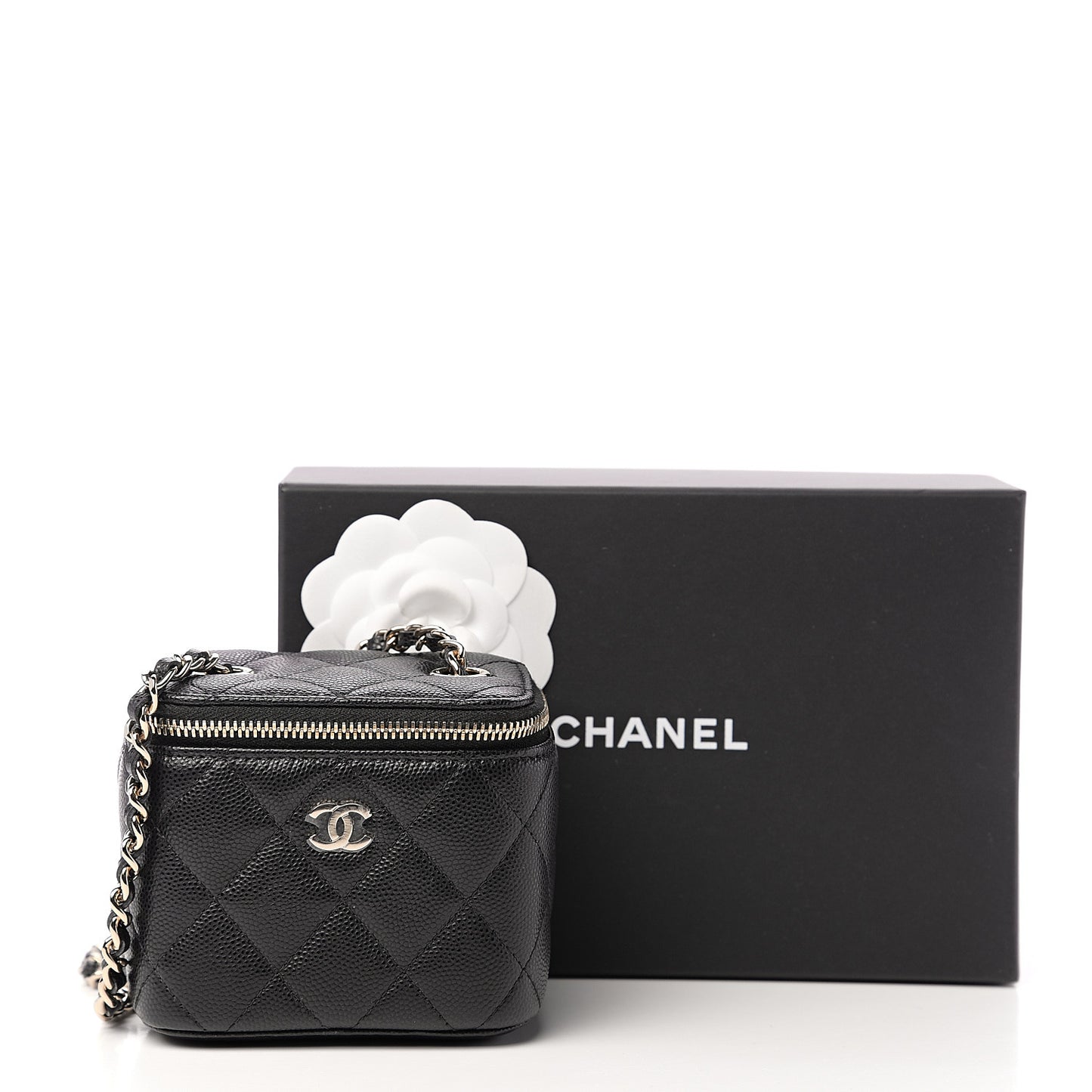 Caviar Quilted Mini Vanity Case With Chain Black