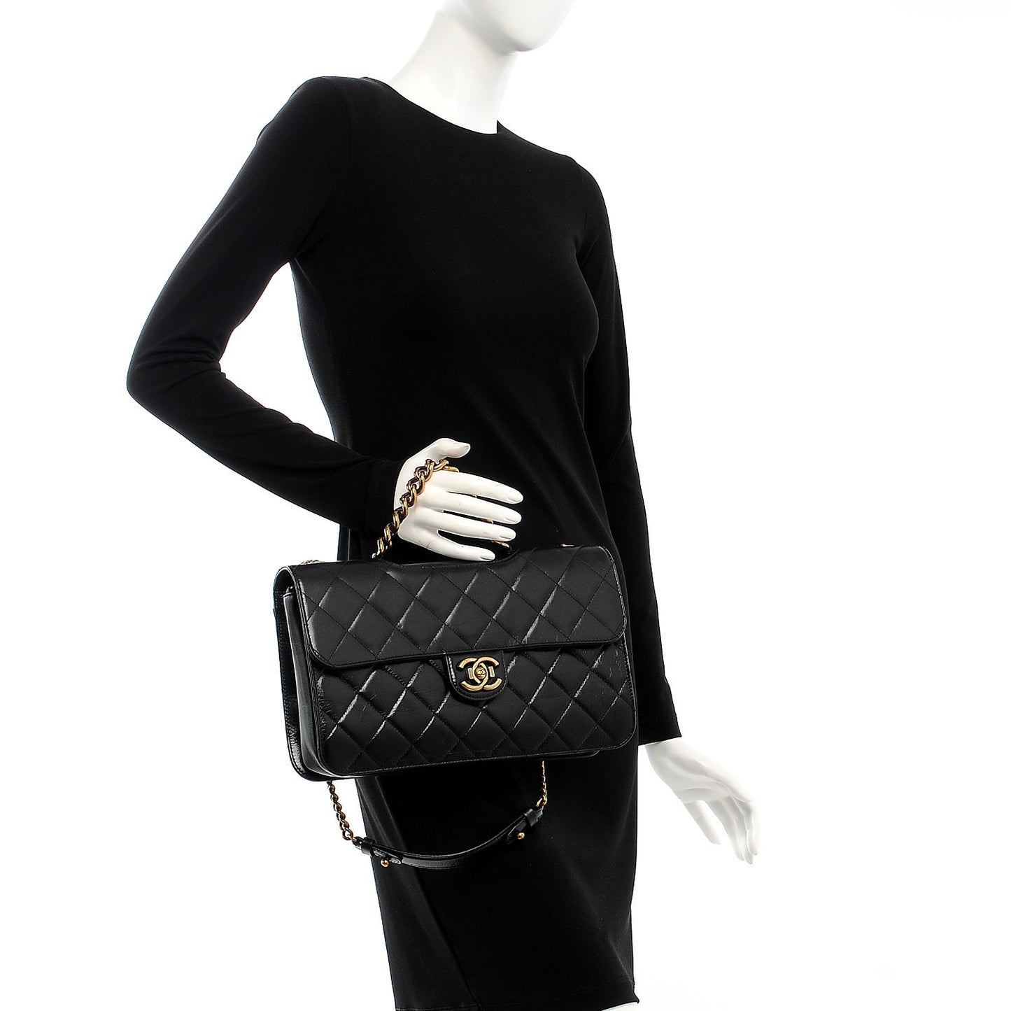 Calfskin Quilted Large Perfect Edge Flap Black