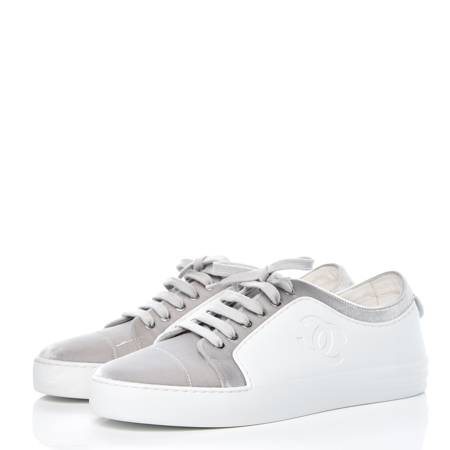 Chanel Calfskin Velvet Womens CC Sneakers 40.5 White Silver 3 of 10