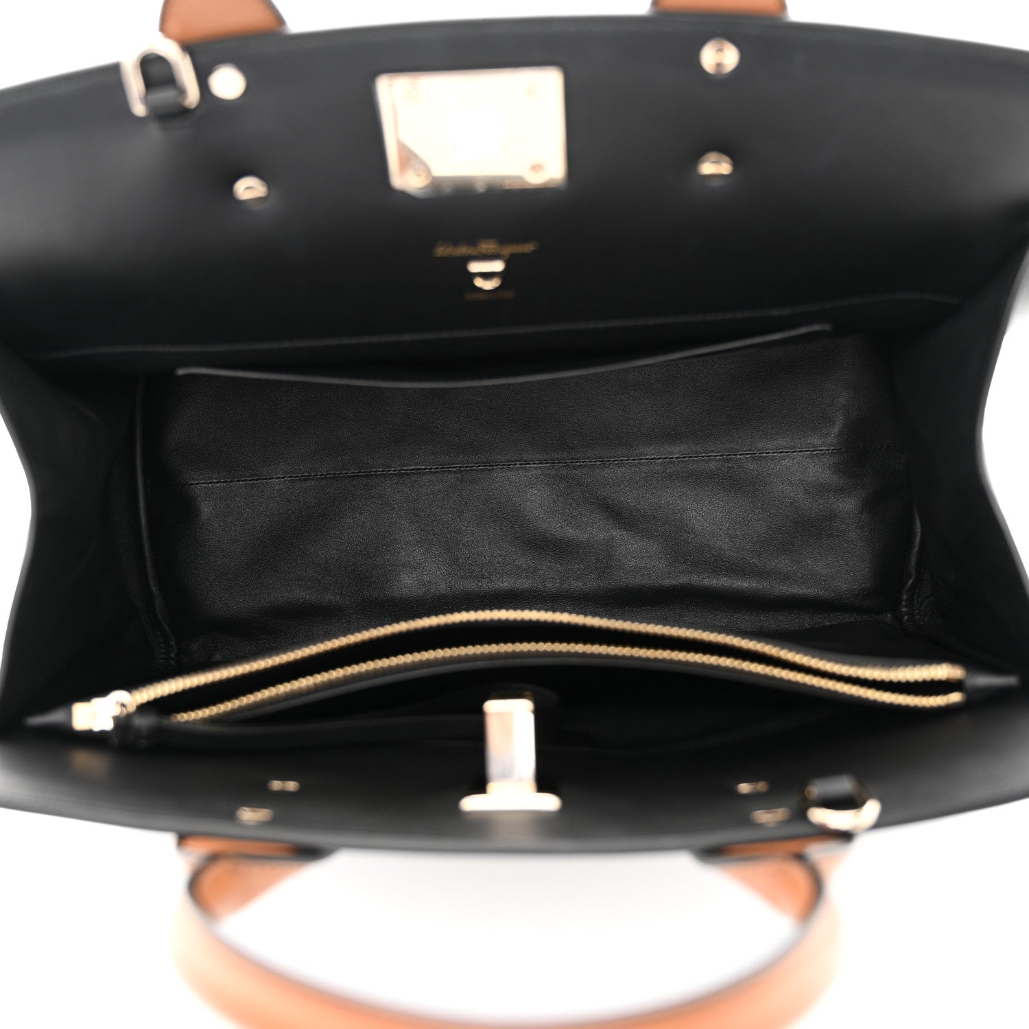 Salvatore Ferragamo Calfskin Woven Large Studio Top Handle Bag Tan Black 5 of 12