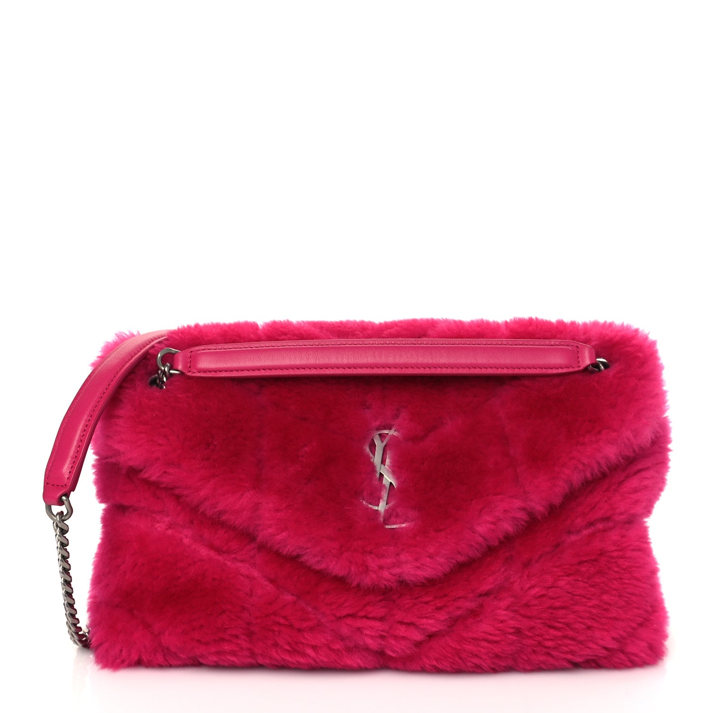 Merino Shearling Lambskin Quilted Small Loulou Puffer Monogram Chain Satchel Fuchsia
