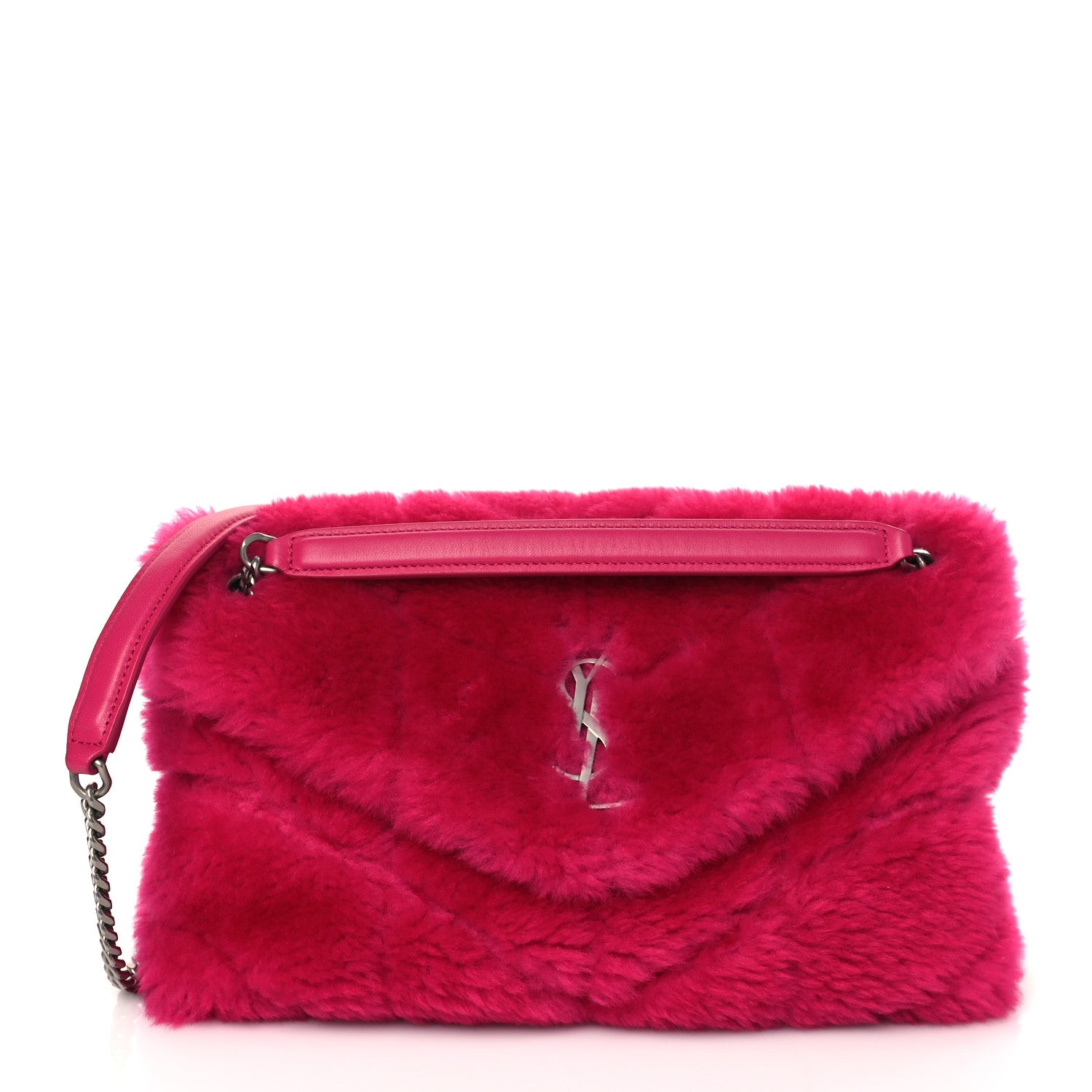 Saint Laurent Merino Shearling Lambskin Quilted Small Loulou Puffer Monogram Chain Satchel Fuchsia 1 of 10