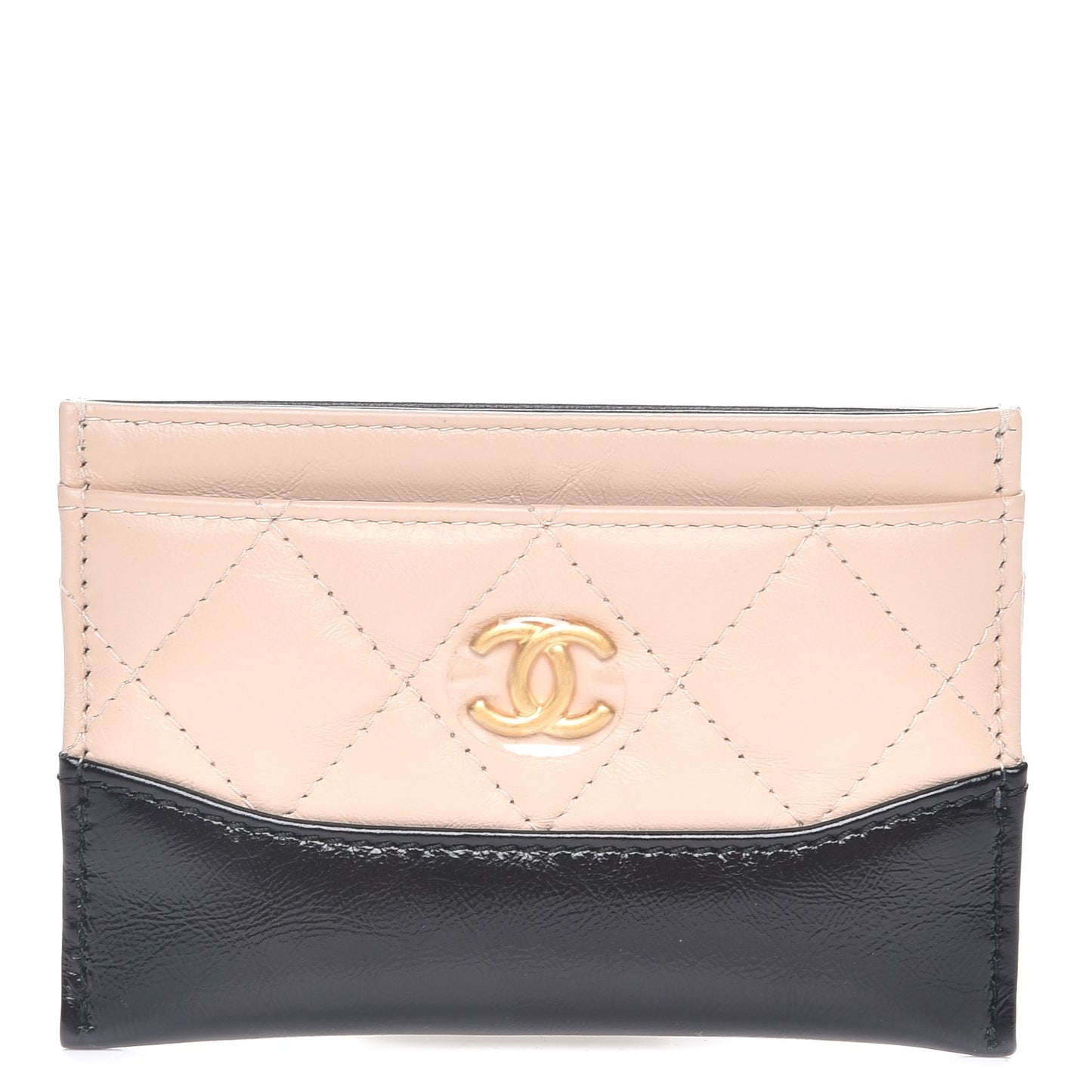 Aged Calfskin Quilted Gabrielle Card Holder Wallet Beige Black