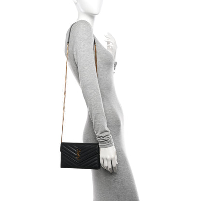 Saint Laurent Grain De Poudre Matelasse Chevron Monogram Envelope Chain Wallet Black 2 of 11