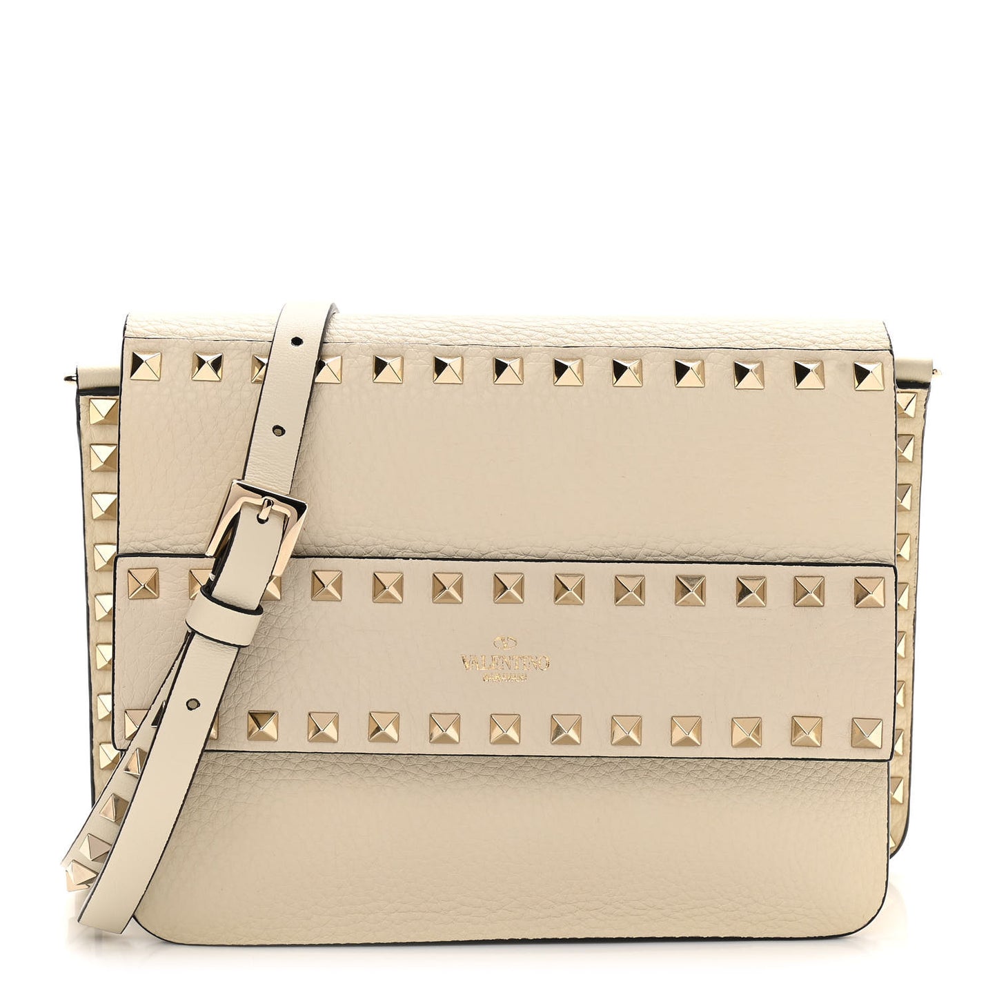 Pebbled Calfskin Rockstud Side Slip Crossbody Ivory