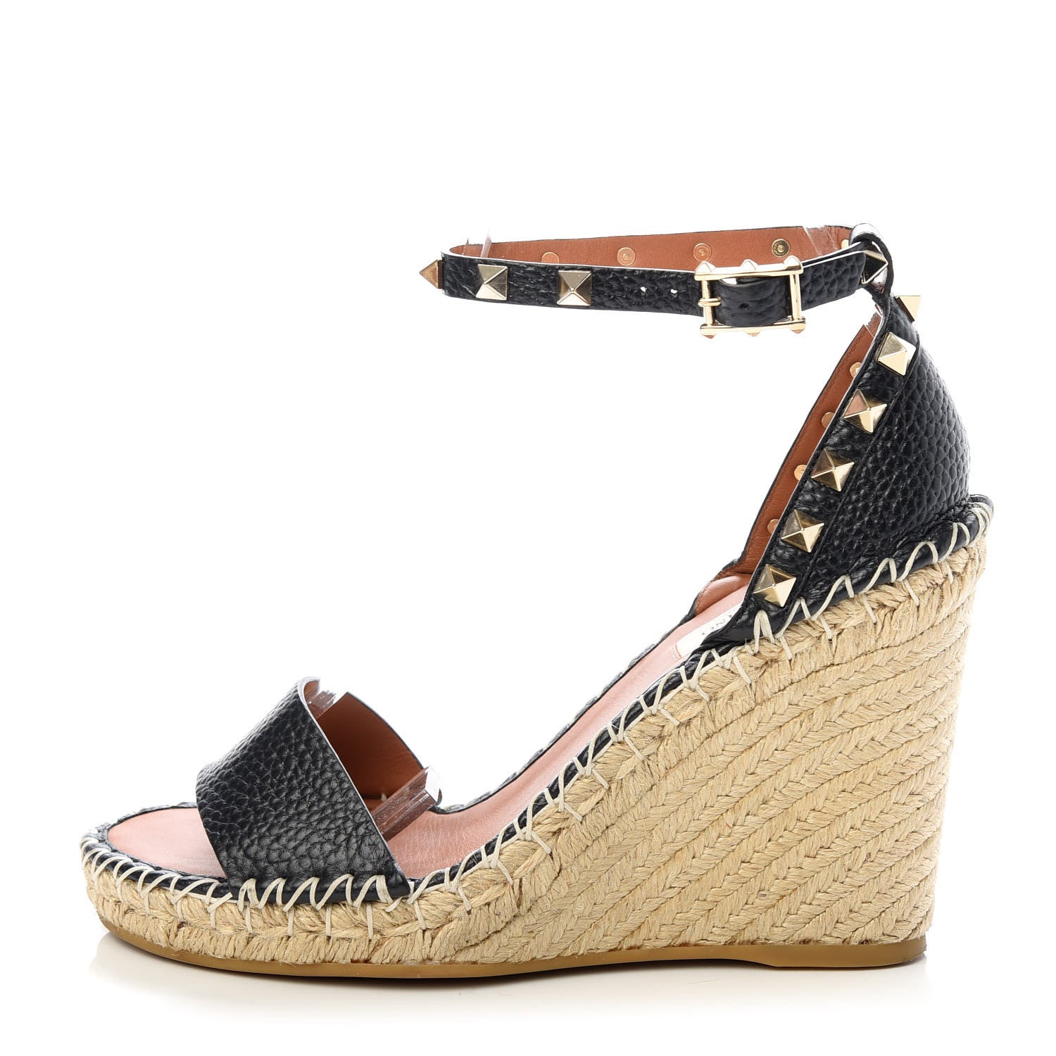 Valentino Garavani Grained Calfskin Rockstud Ankle Strap Espadrille 15/105mm Wedge Sandals 37 Black Light Cuir Natural 1 of 11