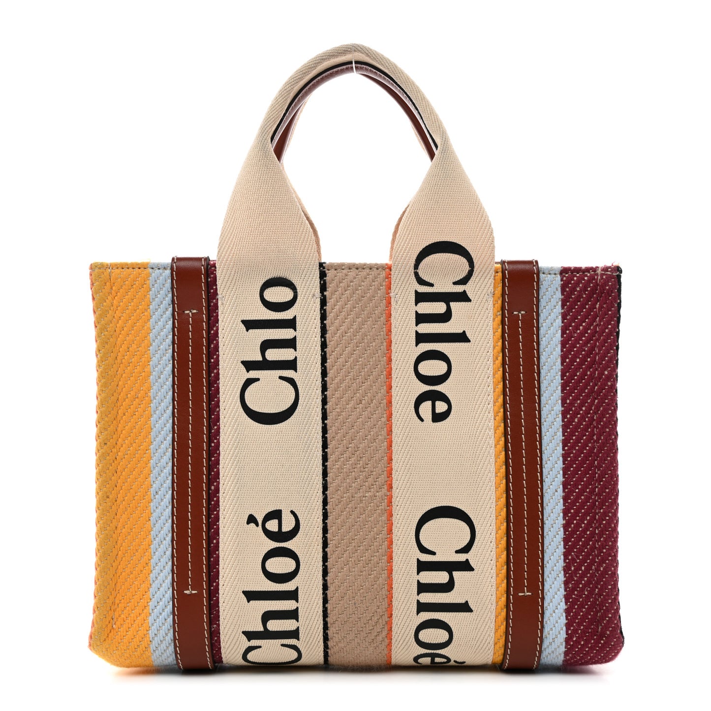 Cotton Calfskin Small Woody Striped Ribbon Tote Multicolor