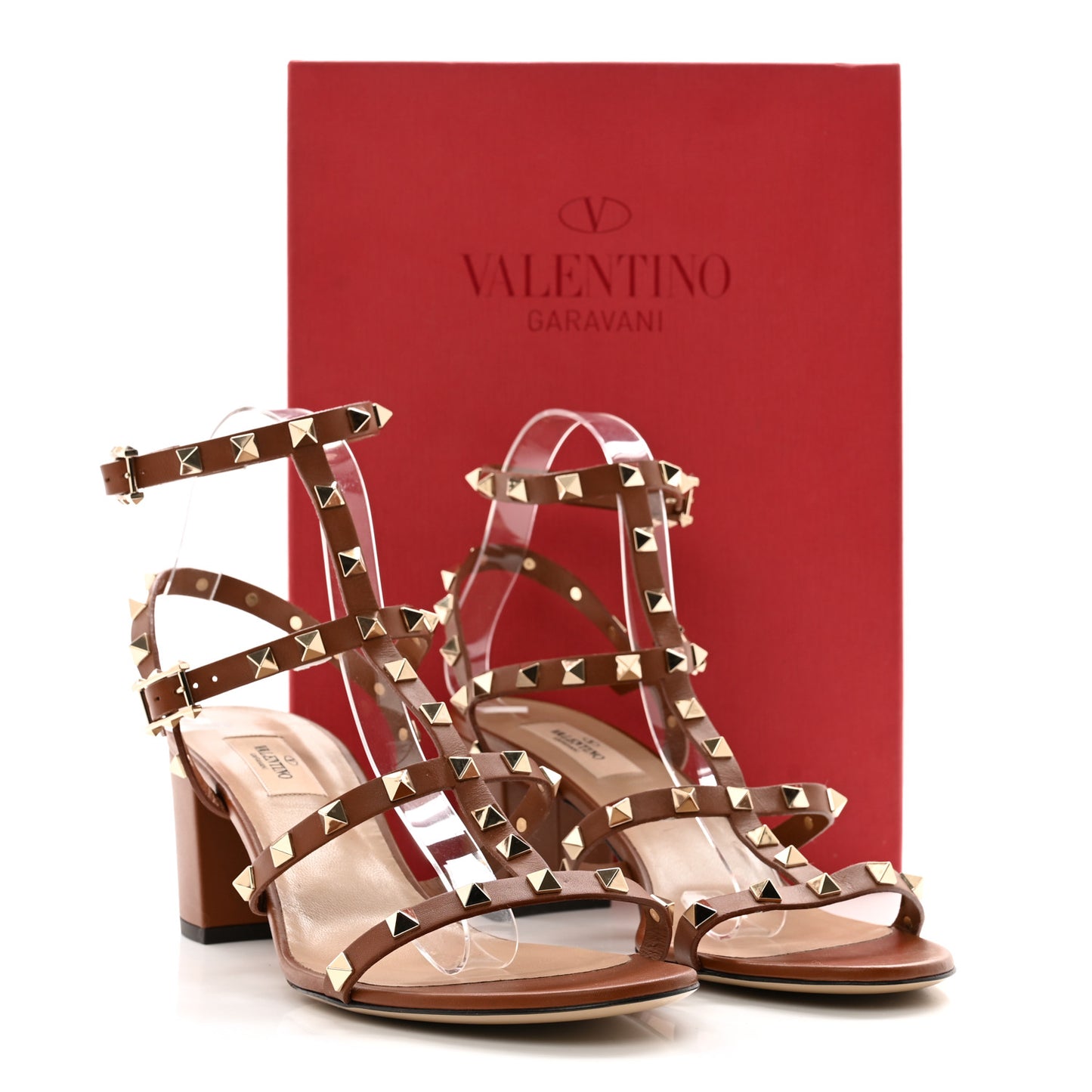 VALENTINO GARAVANI Calfskin Rockstud 60mm City Sandals 37.5 Saddle Brown