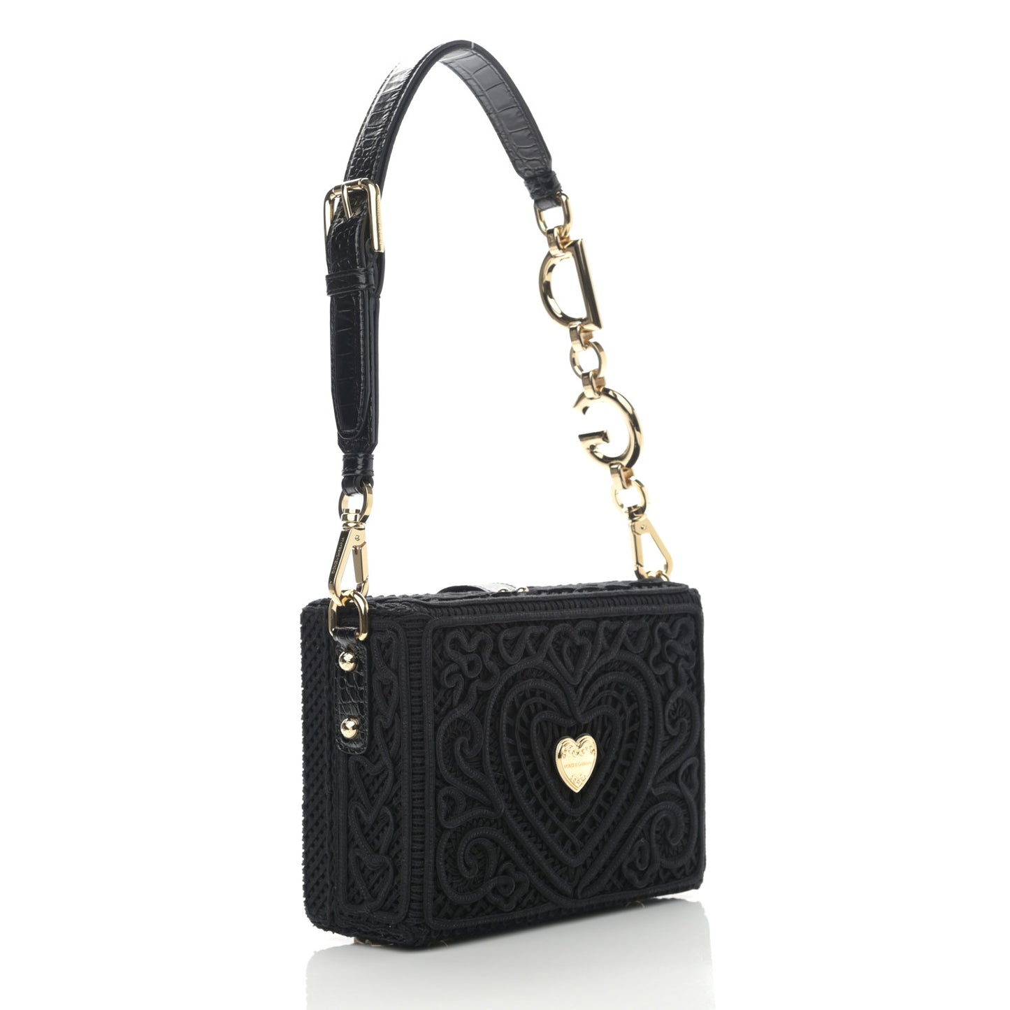 Cotton Calfskin Crocodile Embossed Cordonetto Lace Embroidered Box Shoulder Bag Black