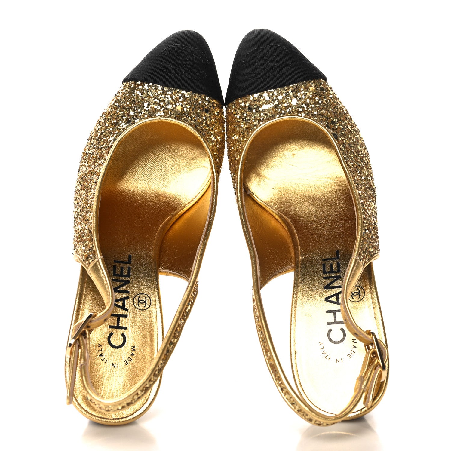 Chanel Glitter Grosgrain Cap Toe CC Slingback Pumps 36 Gold Black 2 of 9