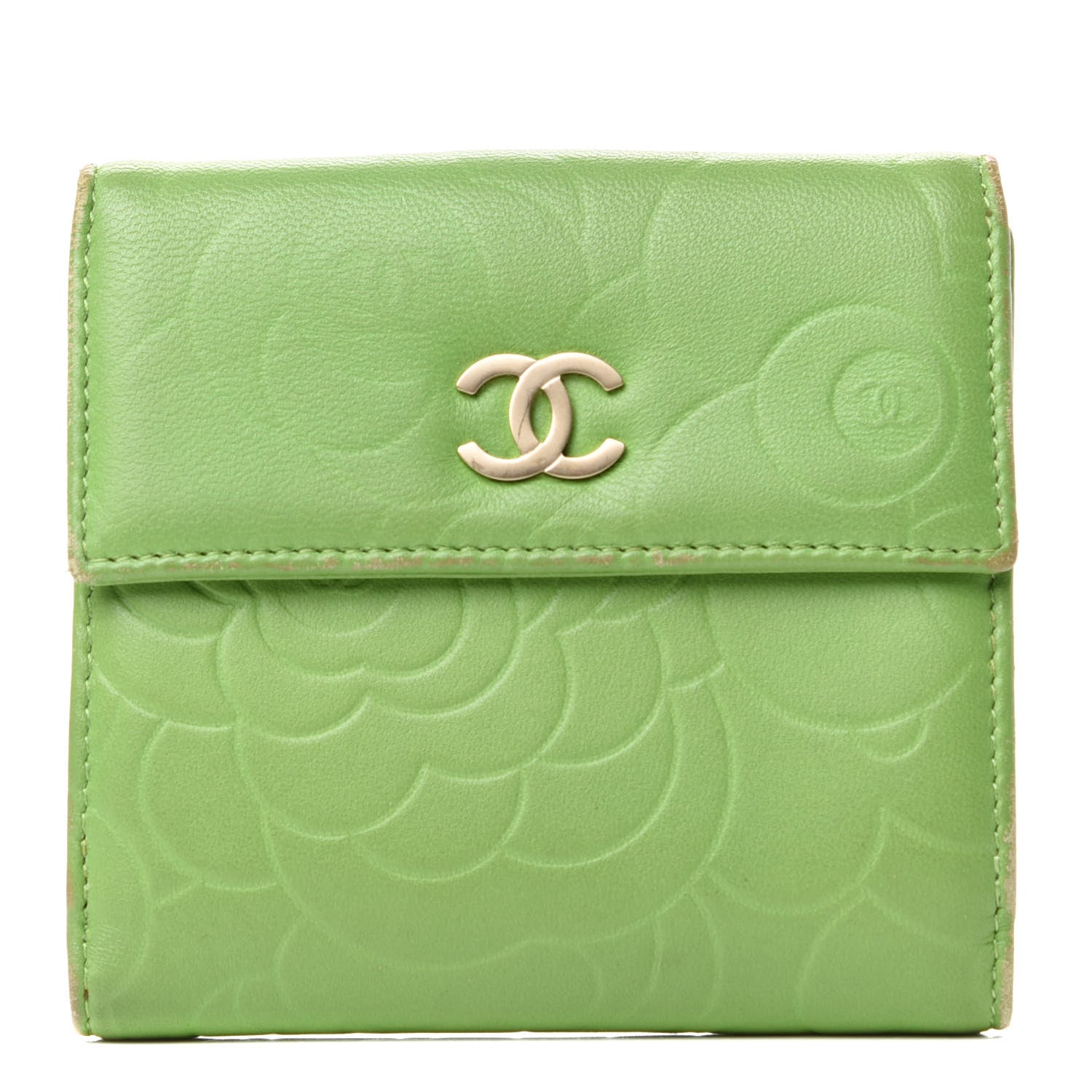 Chanel Lambskin Embossed Camellia French Wallet Light Green 1 of 8