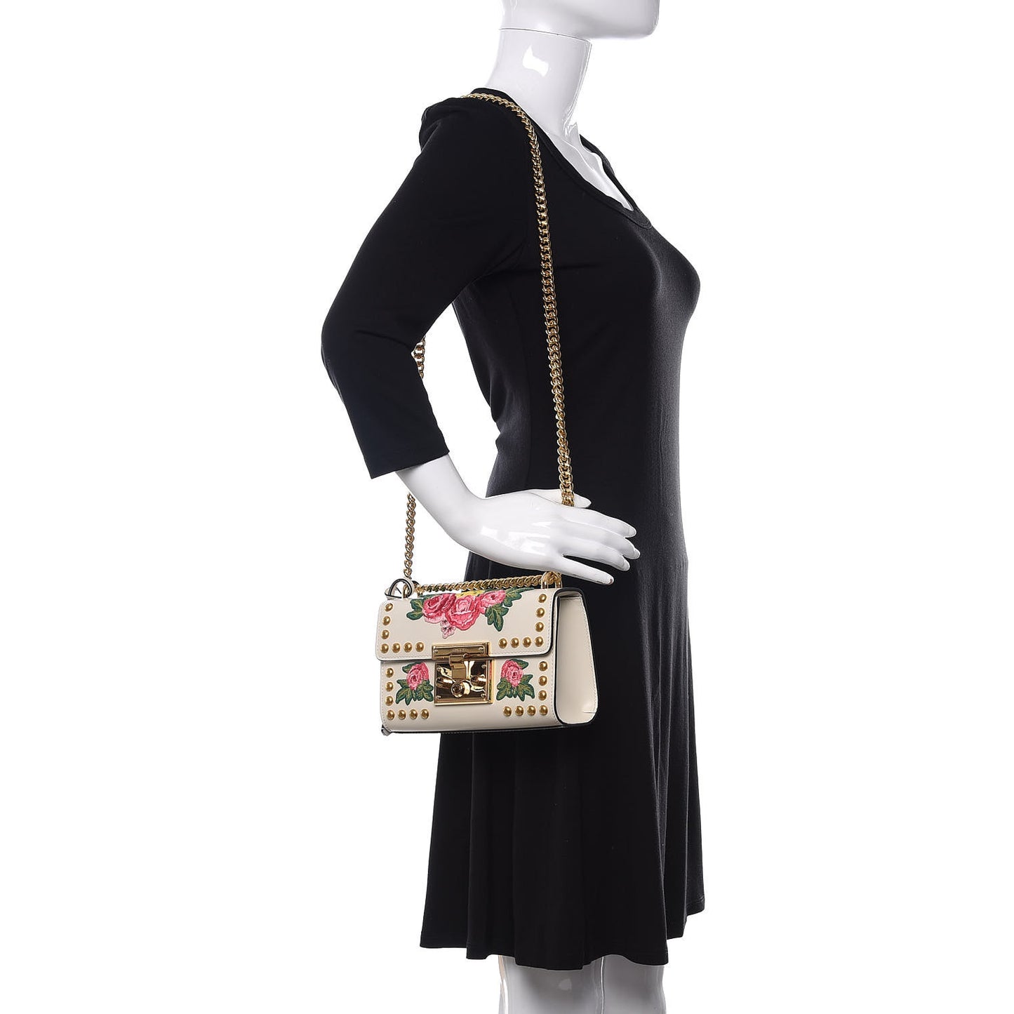 Calfskin Floral Embroidered Small Padlock Shoulder Bag White