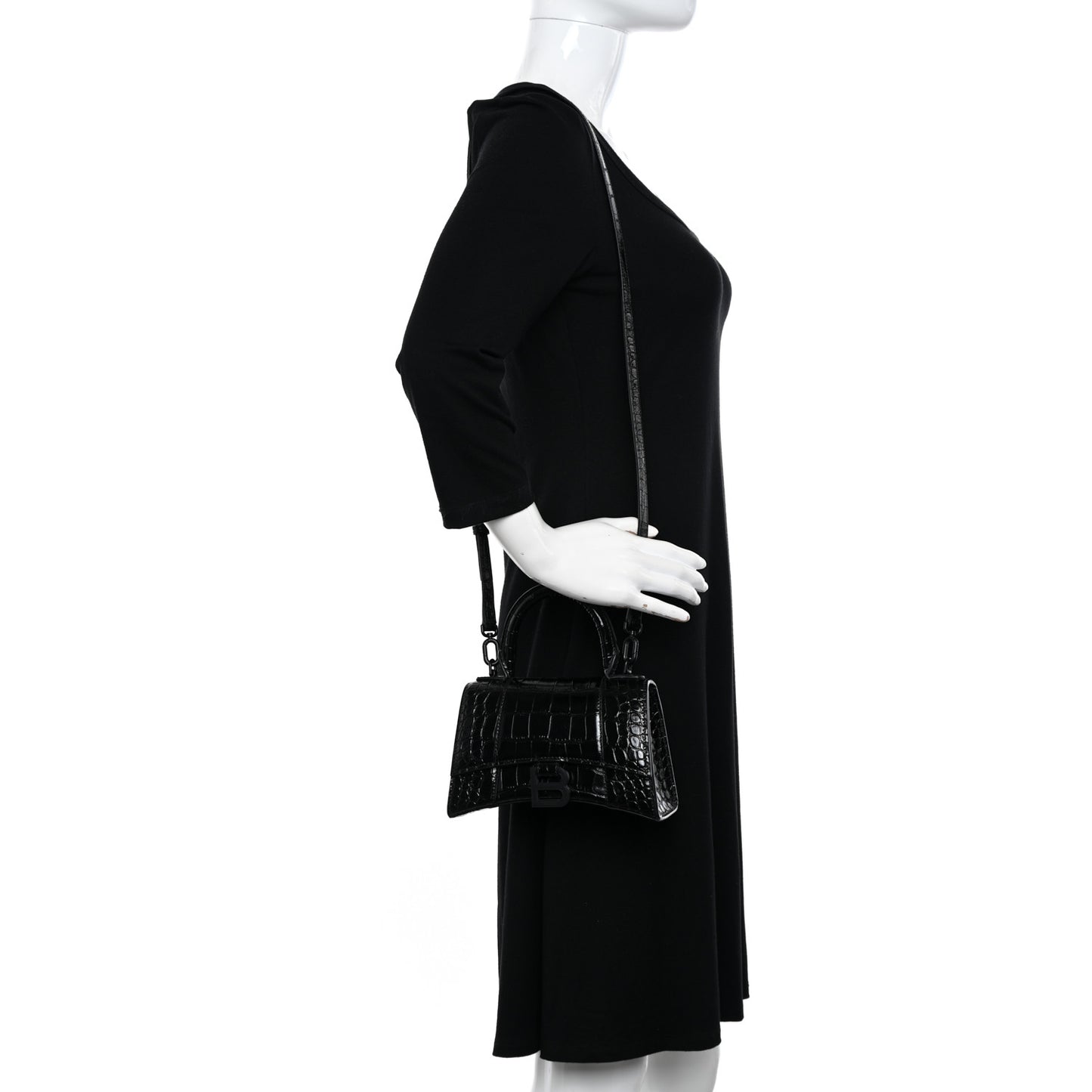 Shiny Calfskin Monochrome Crocodile Embossed Hourglass Top Handle Bag XS Black