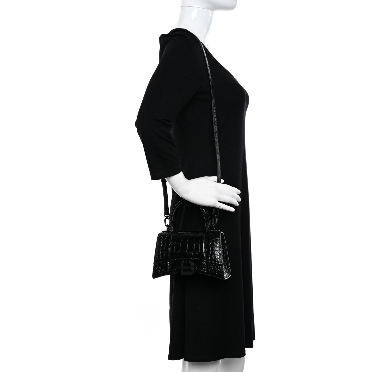 Balenciaga Shiny Calfskin Monochrome Crocodile Embossed Hourglass Top Handle Bag XS Black 2 of 10