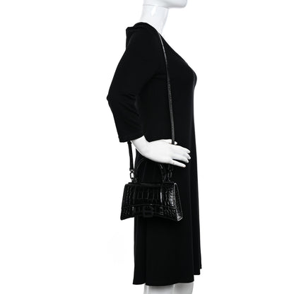 Balenciaga Shiny Calfskin Monochrome Crocodile Embossed Hourglass Top Handle Bag XS Black 2 of 10