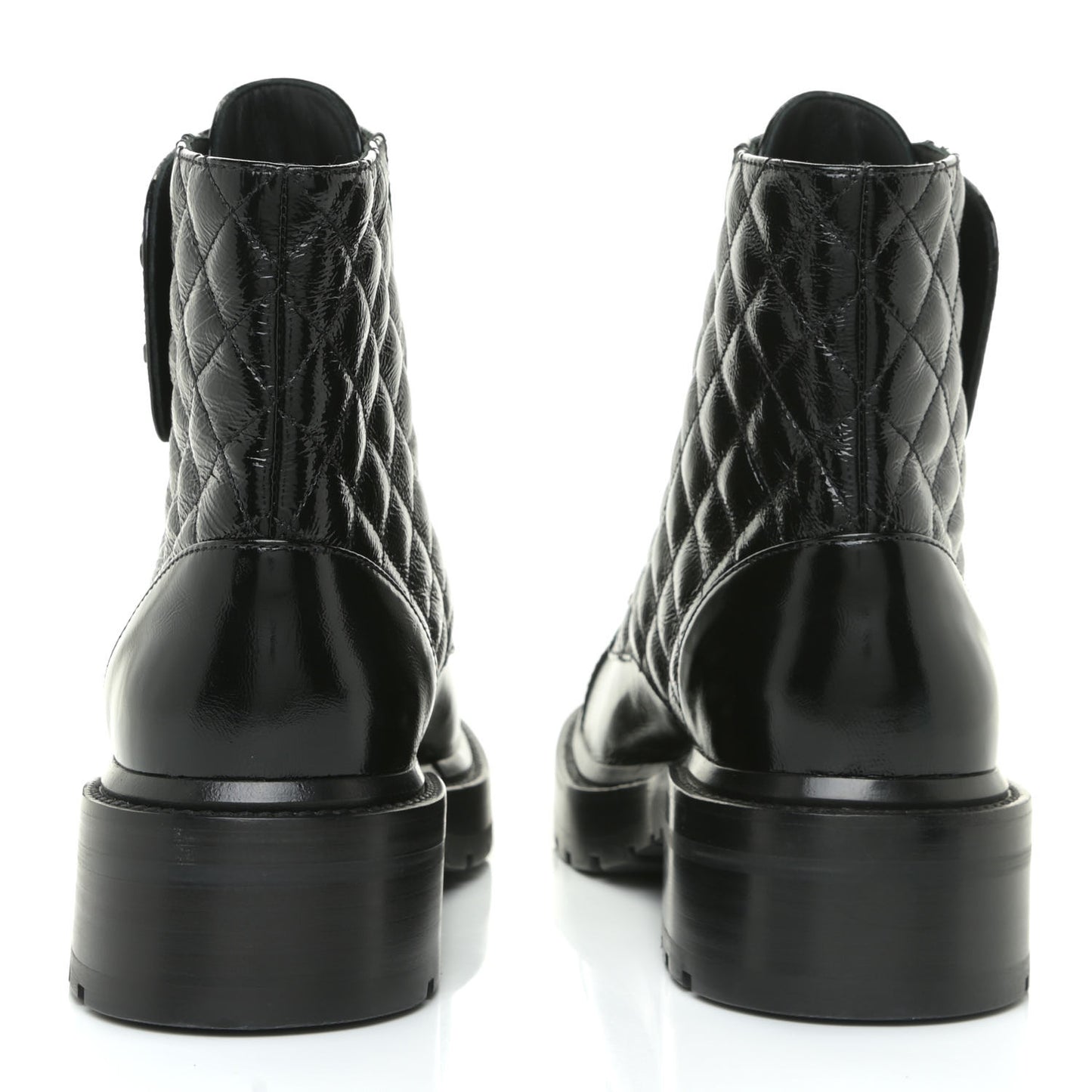 Shiny Calfskin Quilted Lace Up Combat Boots 38 Black