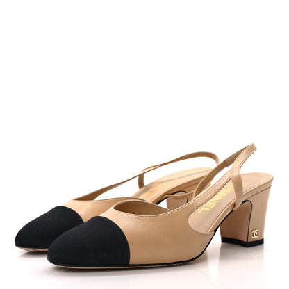 Chanel Goatskin Grosgrain Cap Toe CC Slingback Pumps 37 Beige Black 4 of 9
