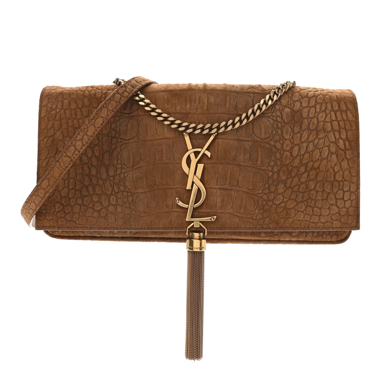 Saint Laurent Crocodile Embossed Suede Monogram Tassel Kate 99 Tan 1 of 9