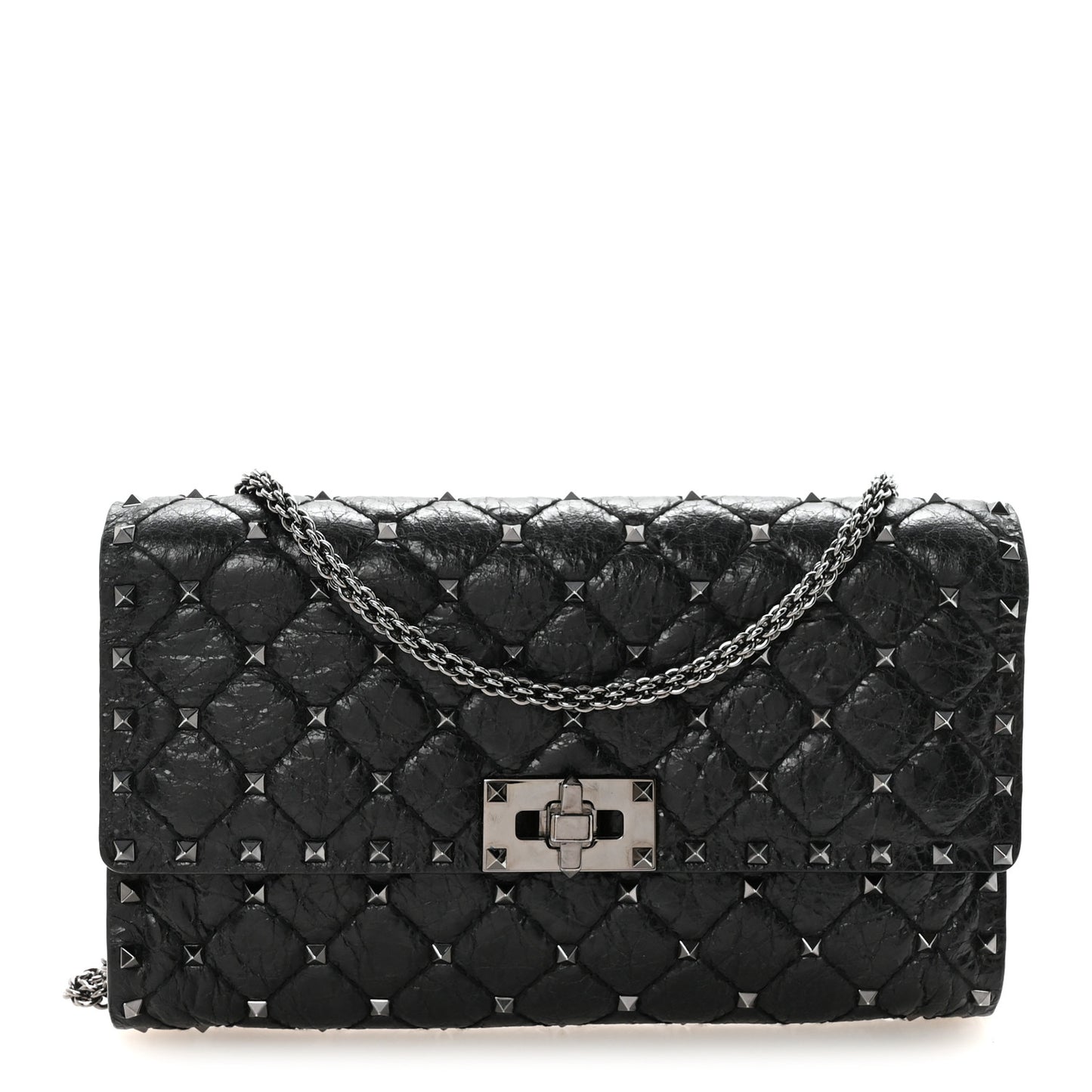 Craquele Nappa Rockstud Spike Wallet on Chain Black