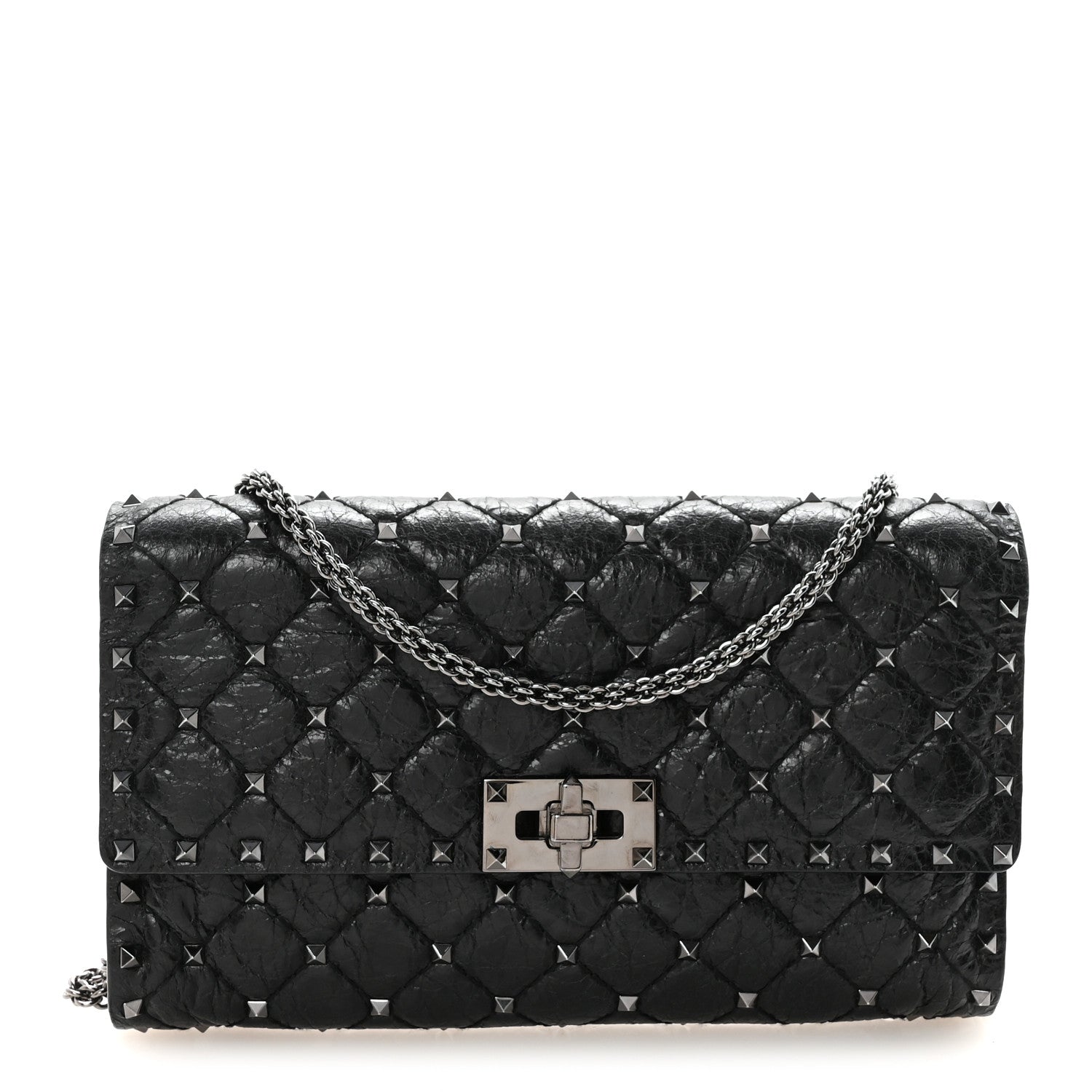 Valentino Garavani Craquele Nappa Rockstud Spike Wallet on Chain Black 1 of 9