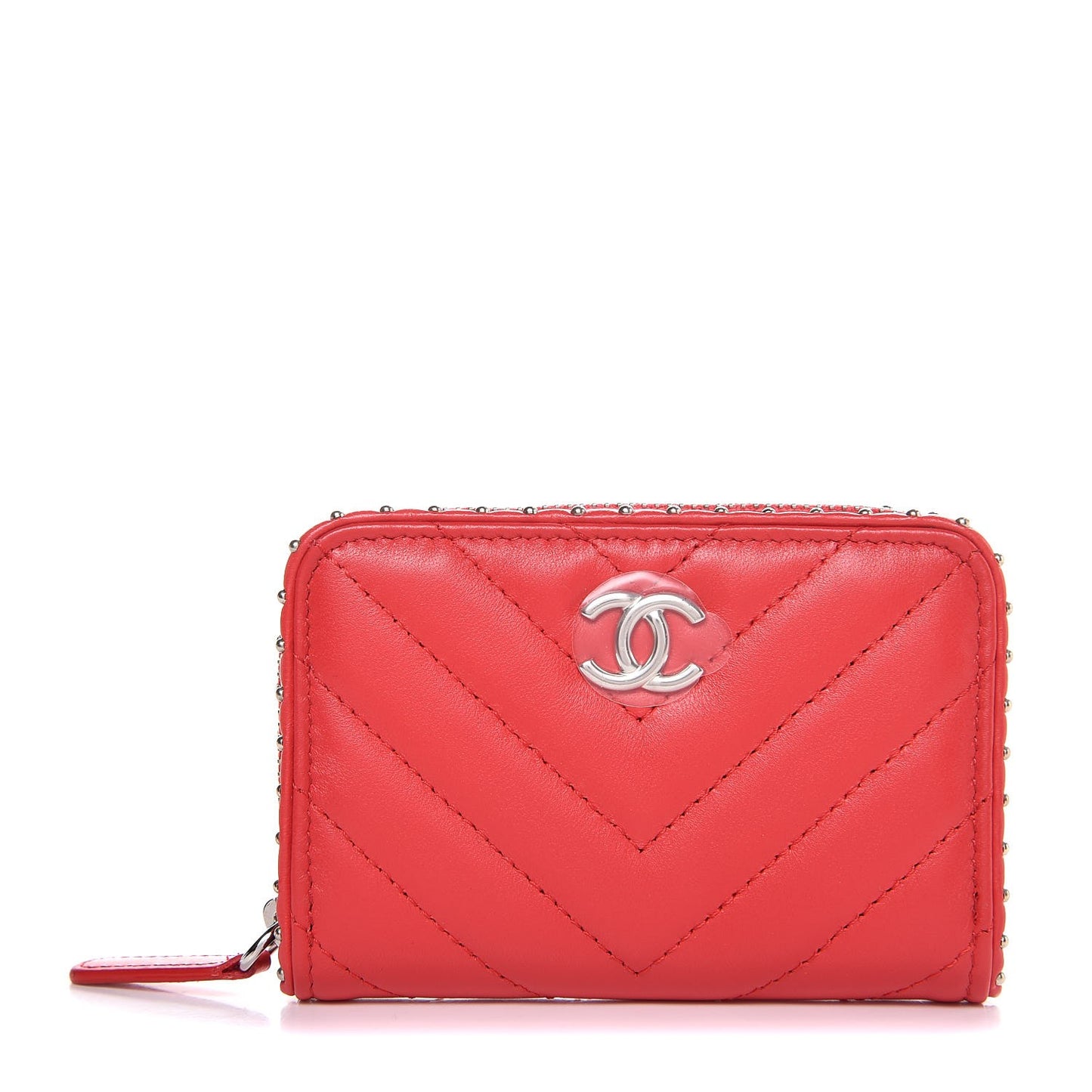 Lambskin Chevron Studded Zip Around Coin Purse Wallet Light Red