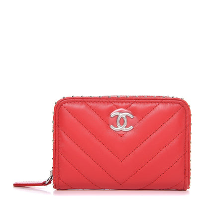 Chanel Lambskin Chevron Studded Zip Around Coin Purse Wallet Light Red 1 of 8