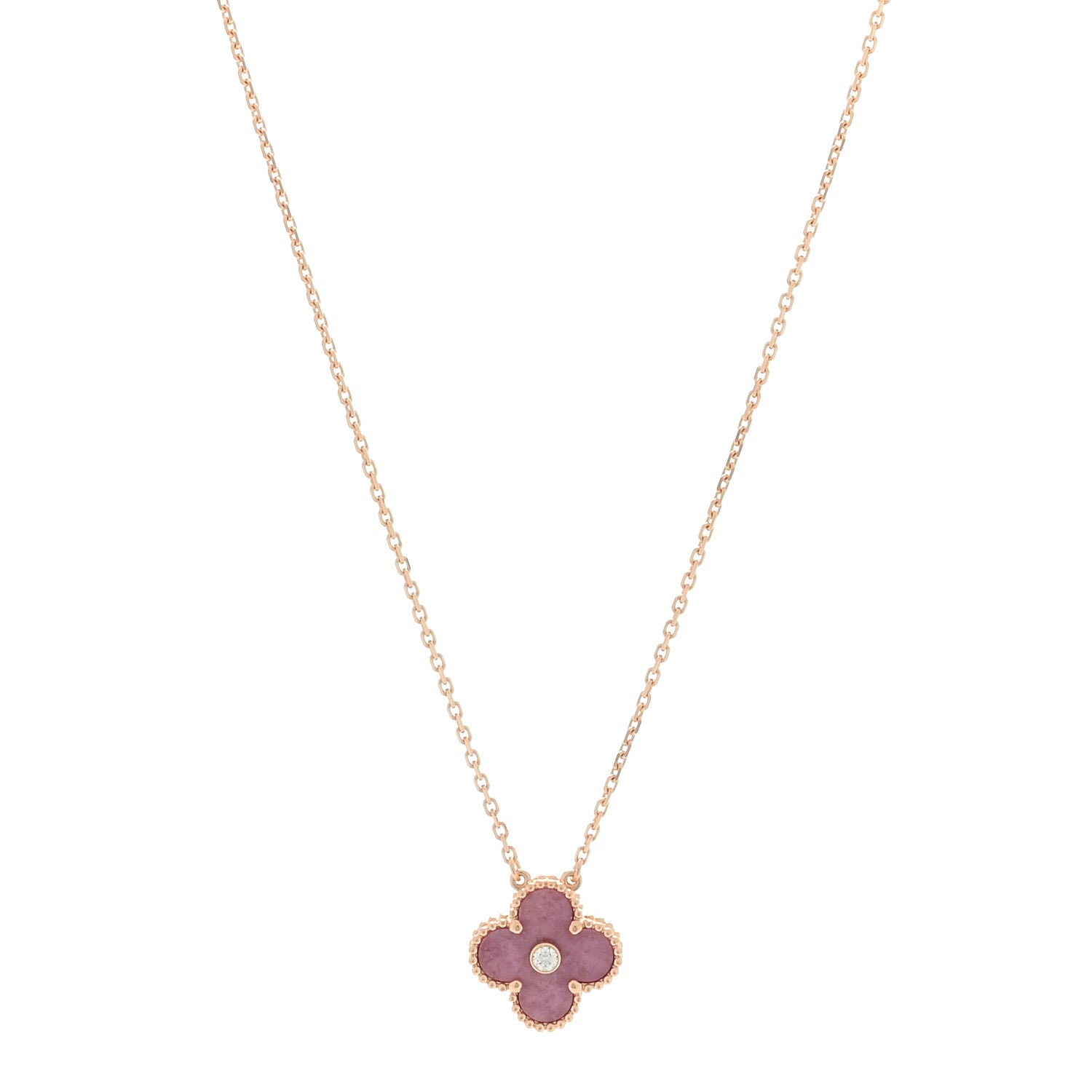 Van Cleef & Arpels 18K Rose Gold Diamond Rhodonite Vintage Alhambra Pendant Necklace 1 of 4