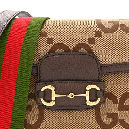 Gucci Monogram Jumbo GG Textured Dollar Calfskin Web Mini Horsebit 1955 Shoulder Bag Camel Ebony New Acero 9 of 11