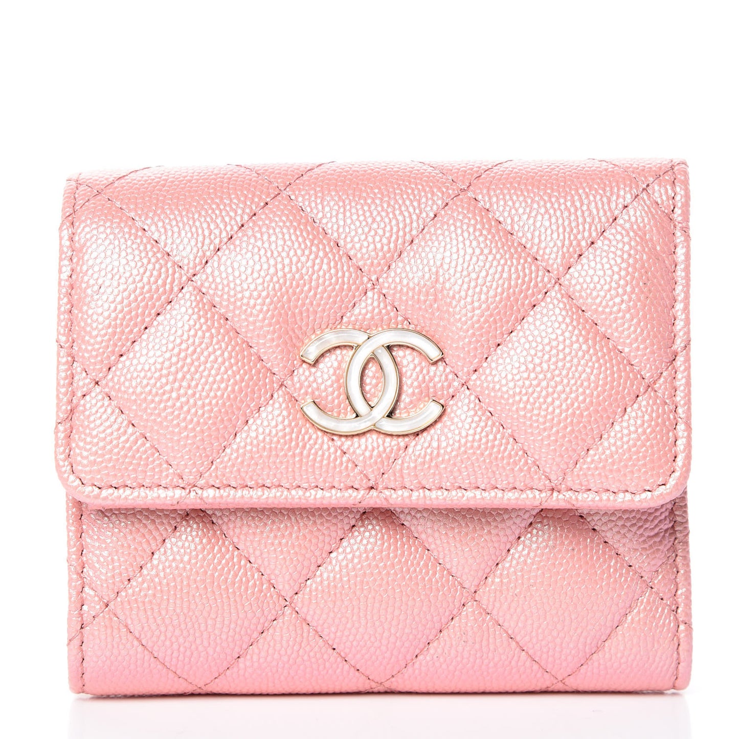 Iridescent Caviar Quilted Small Flap Wallet Rose Pink