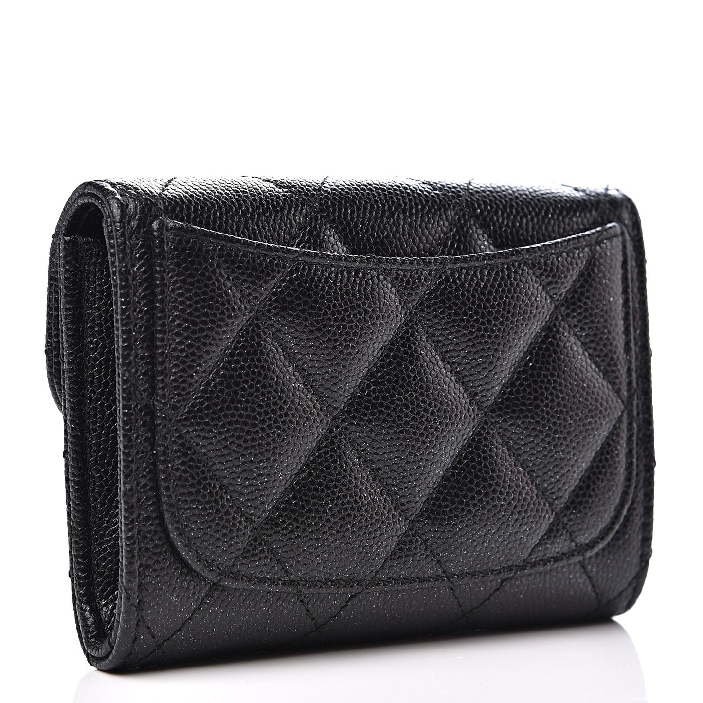 Iridescent Caviar Quilted Flap Card Holder Wallet Black