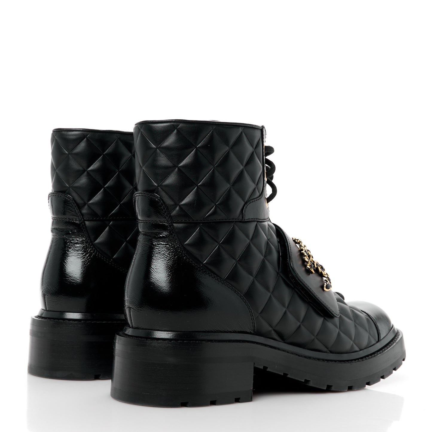 Shiny Calfskin Quilted Lace Up Combat Boots 39.5 Black